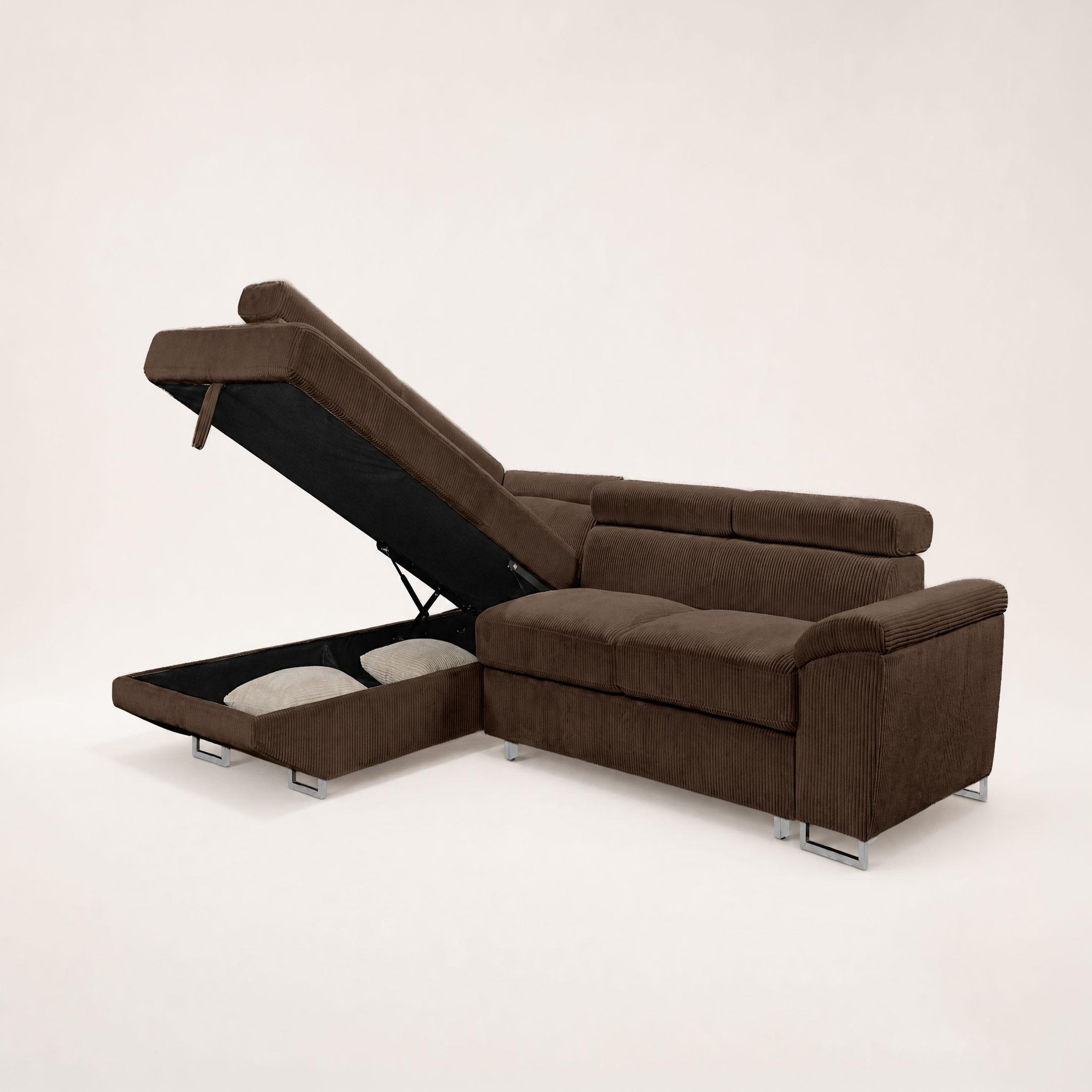 Voir la diapositive 5 : BEST MOBILIER Baoji - canapé d'angle gauche 5 places convertible avec têtières et coffre en velours côtelé
