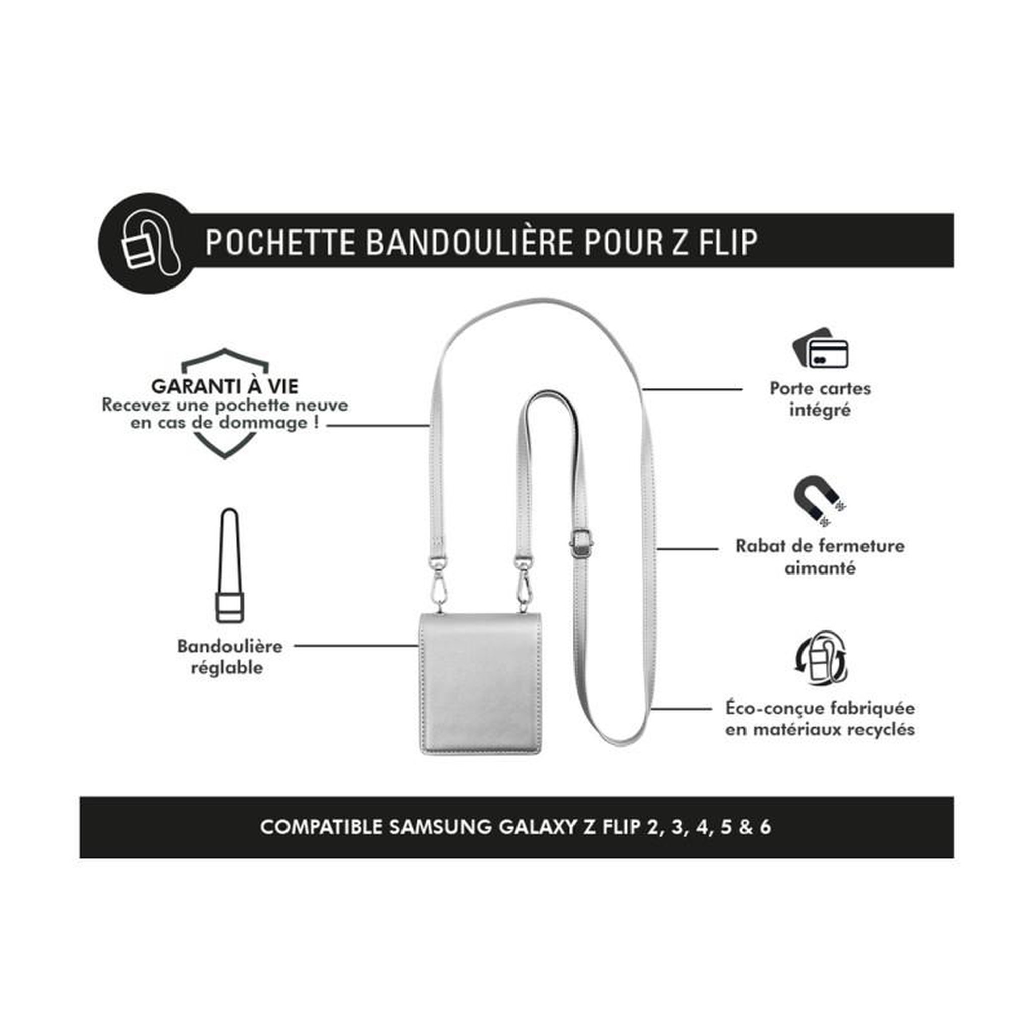 Voir la diapositive 2 : FORCE CASE Coque et étui téléphone mobile Forcecase Pochette bandouliere Z Flip 6 Argent