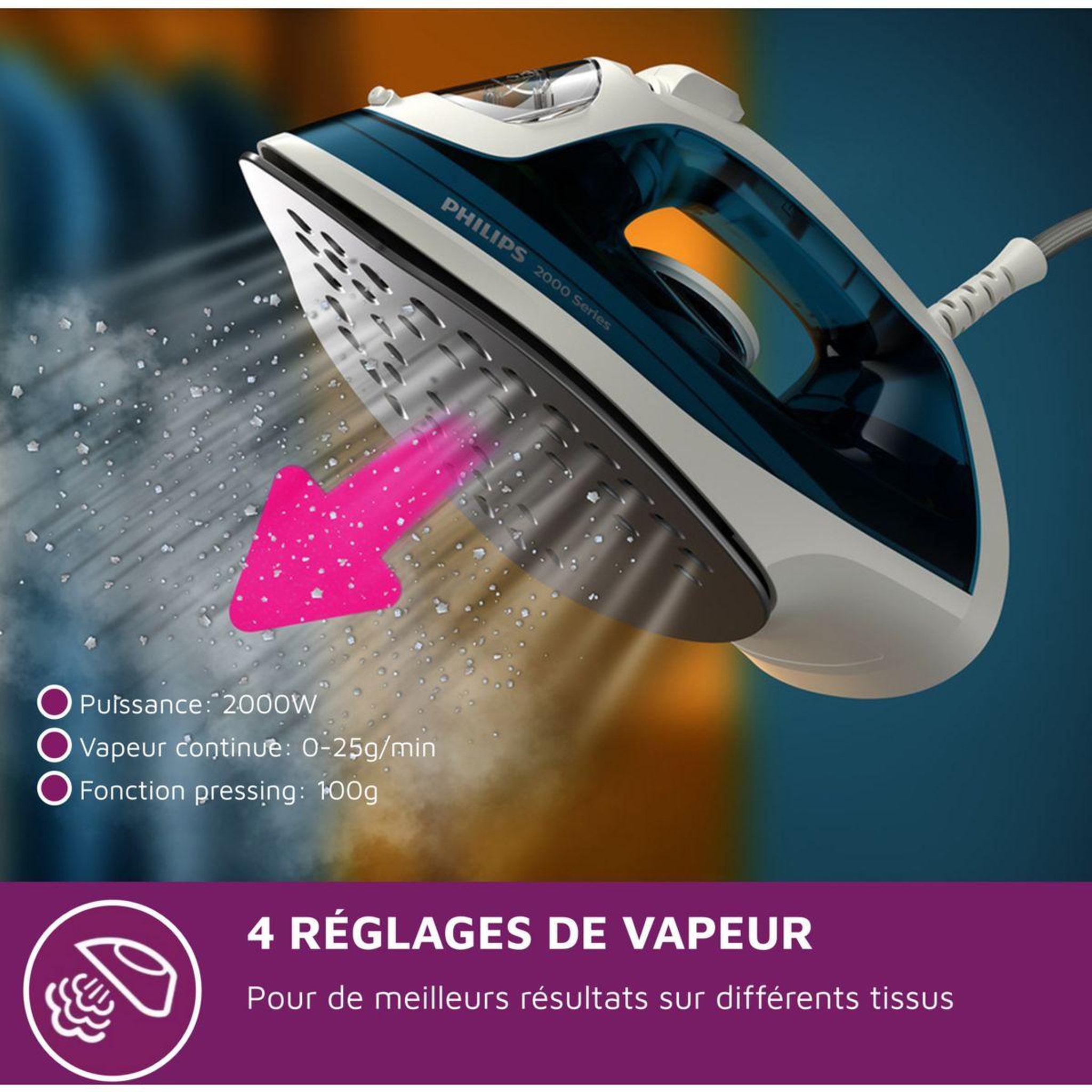 Voir la diapositive 4 : Philips Fer à repasser DST2010/90 fer à vapeur beu et blanc