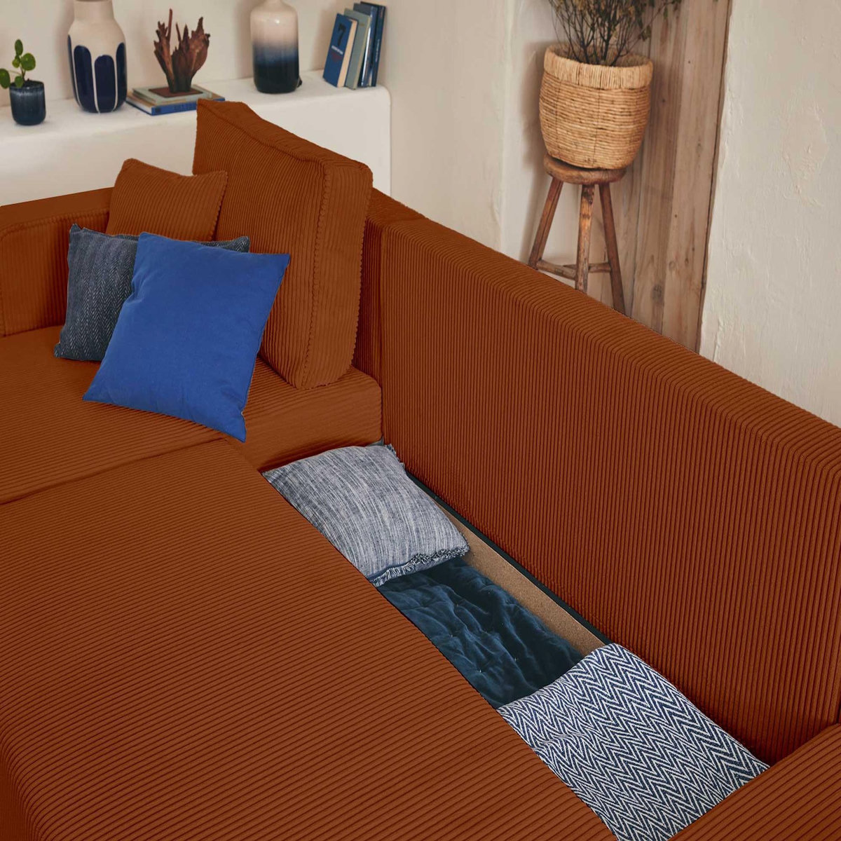 BEST MOBILIER Topaze - canapé panoramique en u - 7 places - convertible avec coffre - en velours côtelé