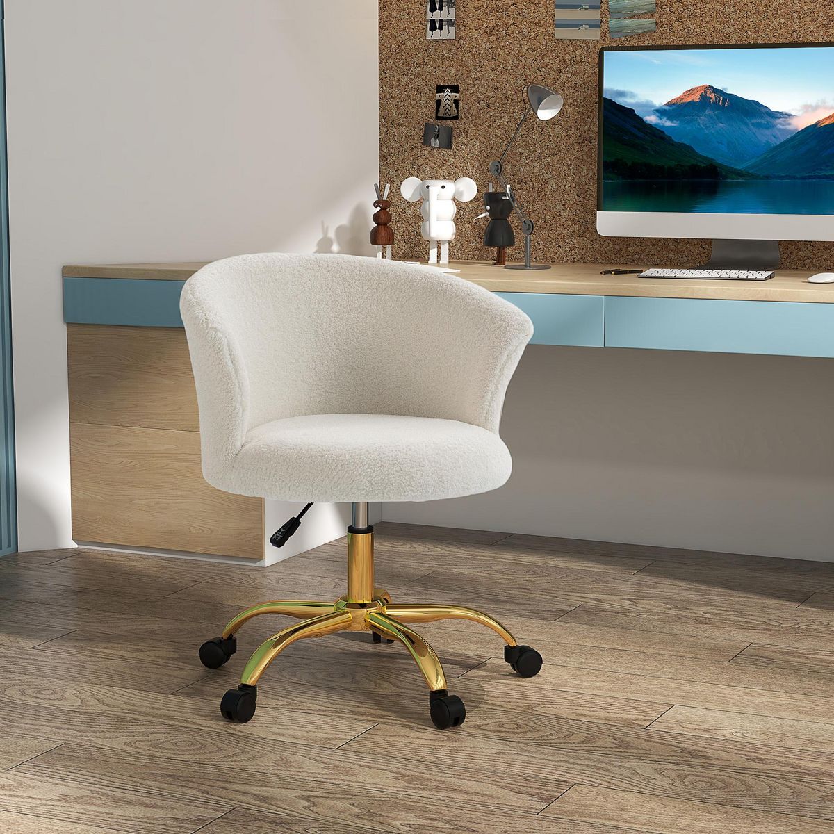 VINSETTO Chaise de bureau design effet courte laine bouclée piètement métal doré blanc