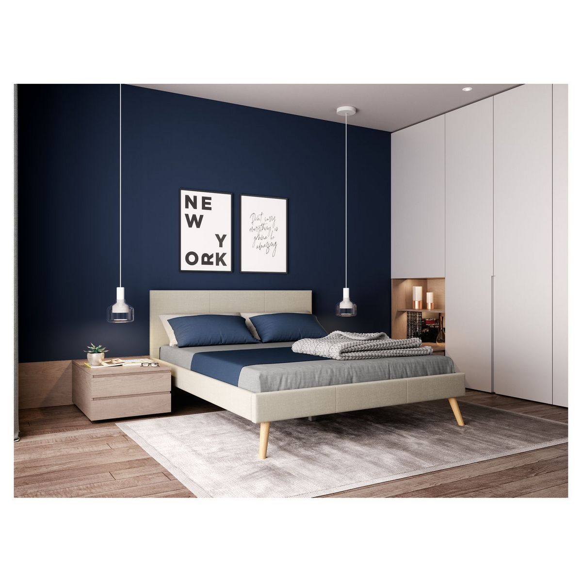 Lit scandinave tissu avec tête de lit et sommier 160x200 cm PORTIMAO