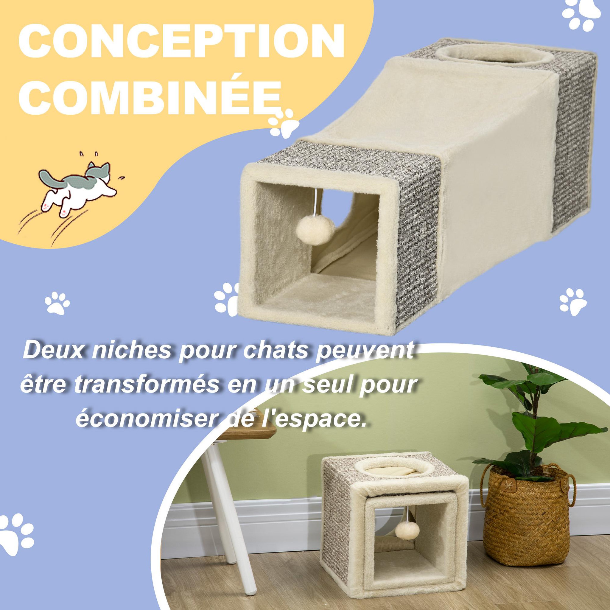 Voir la diapositive 5 : PAWHUT Tunnel grattoir niche modulable pour chat 3 en 1 - jeu balle suspendue - 4 entrées - peluche beige sisal grège