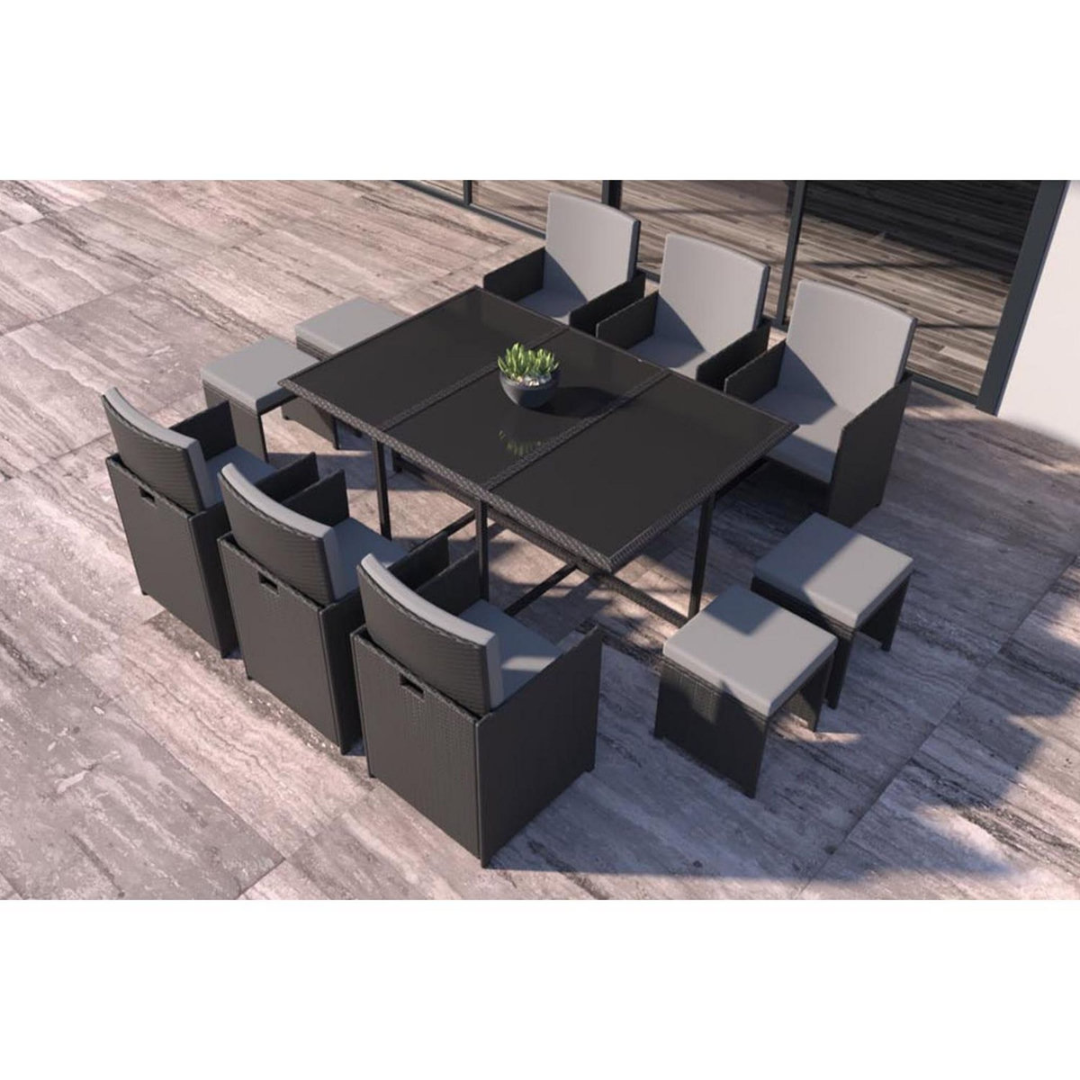 CONCEPT USINE Table et chaises 10 places en résine tressée noir et gris FLORIDA