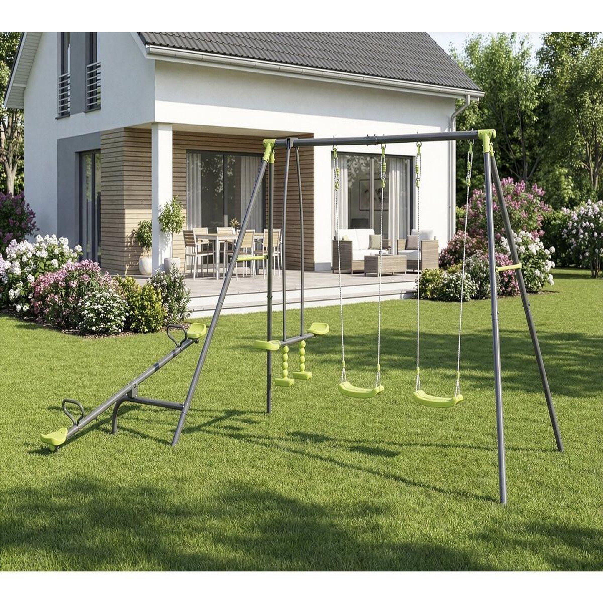 Voir la diapositive 2 : Habitat et Jardin Portique de jeu en métal avec balançoire à bascule  basile  - 4 agrès - vert