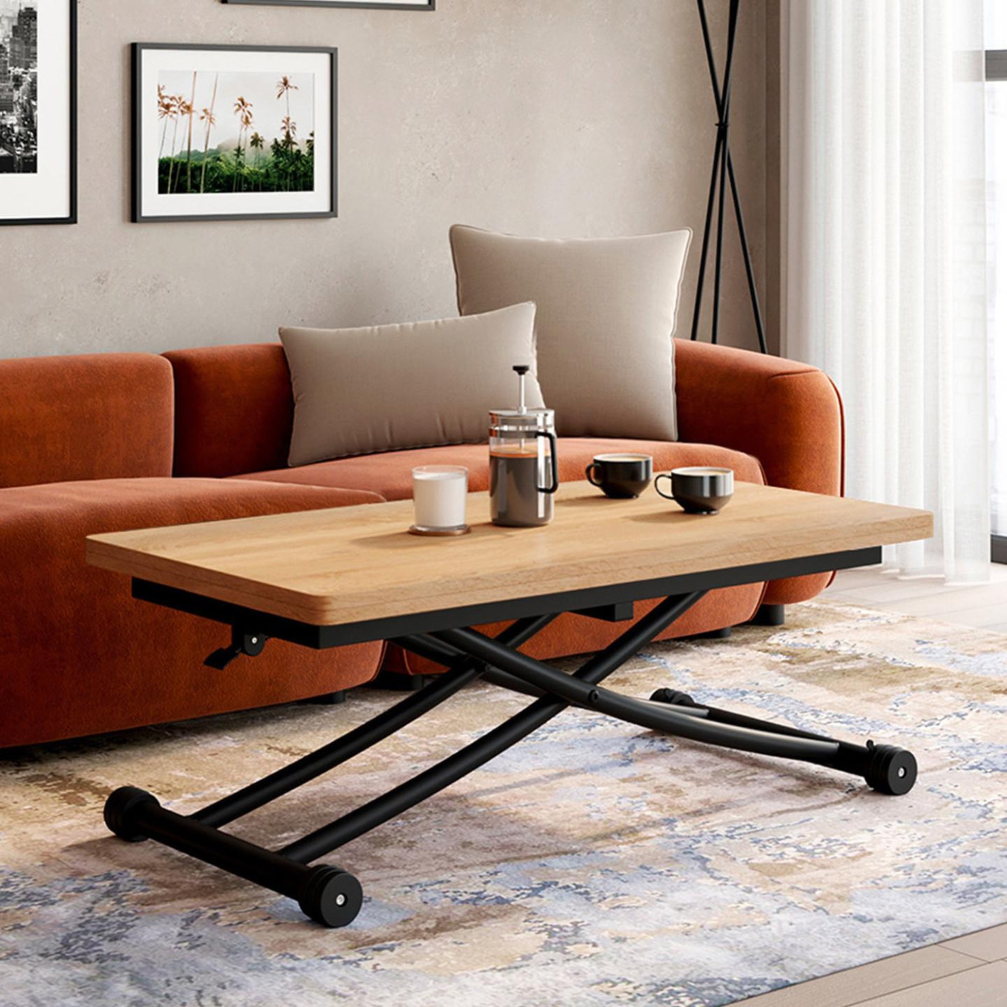 Voir la diapositive 2 : ID MARKET Table basse 2 en 1 relevable en table à manger rectangulaire urbana 100 cm bois et noir design industriel