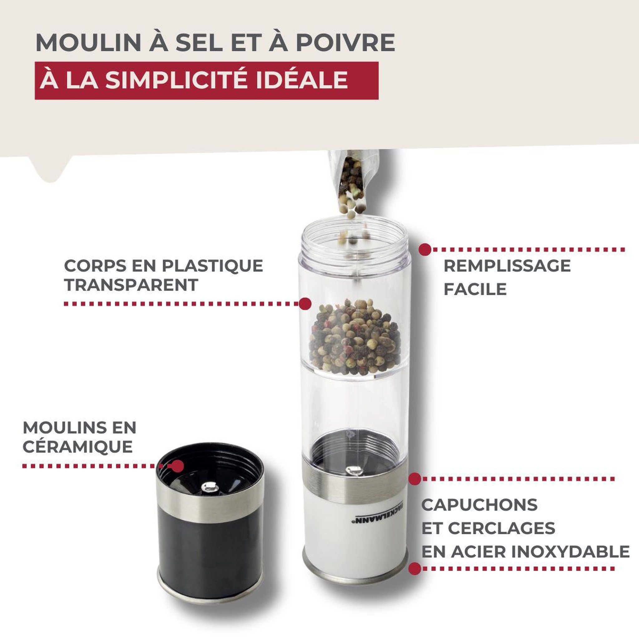 Voir la diapositive 4 : Fackelmann Moulin 2 en 1 à sel et à poivre fackelmann