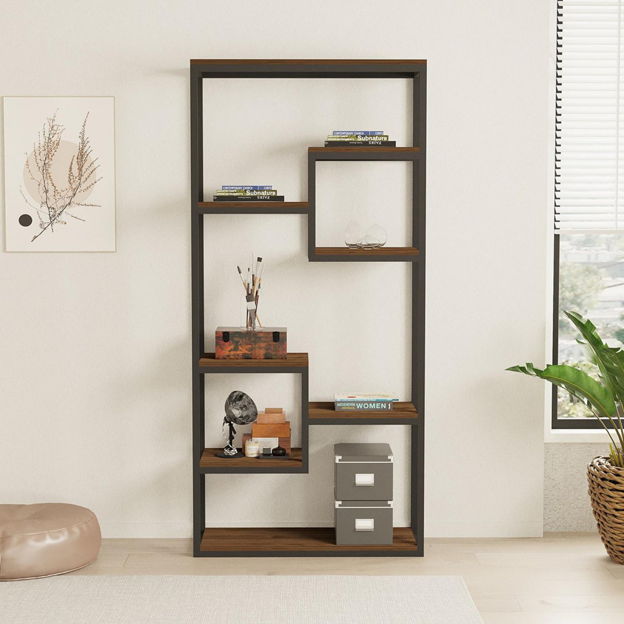 Voir la diapositive 3 : CONCEPT USINE Étagère haute style industriel noyer et noir - 182 cm lopa