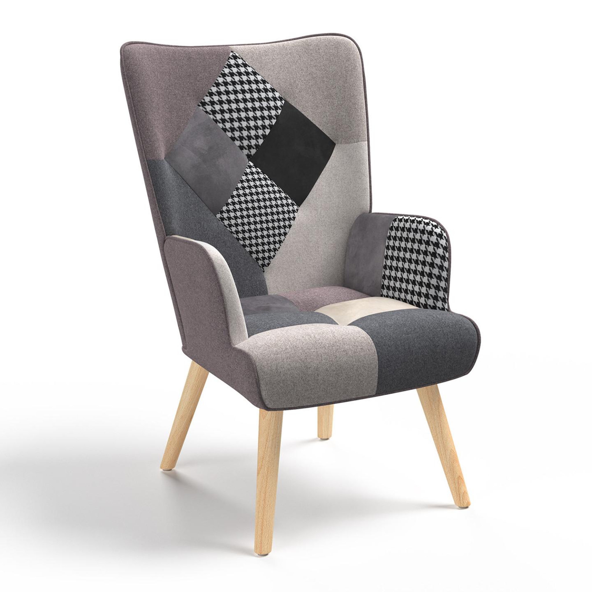ID MARKET Fauteuil scandinave ivar en tissu patchwork noir, gris et blanc