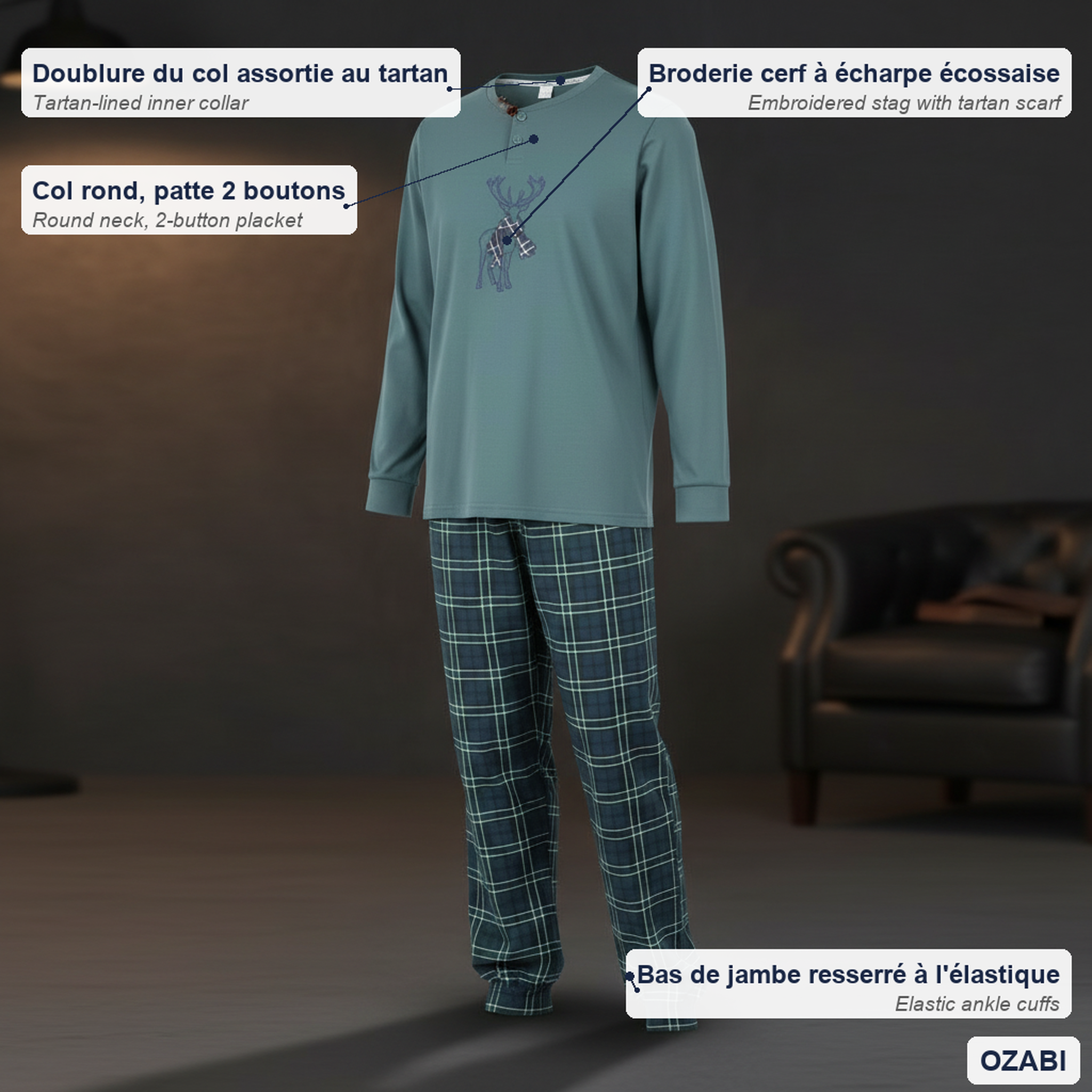 Voir la diapositive 5 : OZABI Ozabi ensemble pyjama homme coton majoritaire broderie cerf écossais