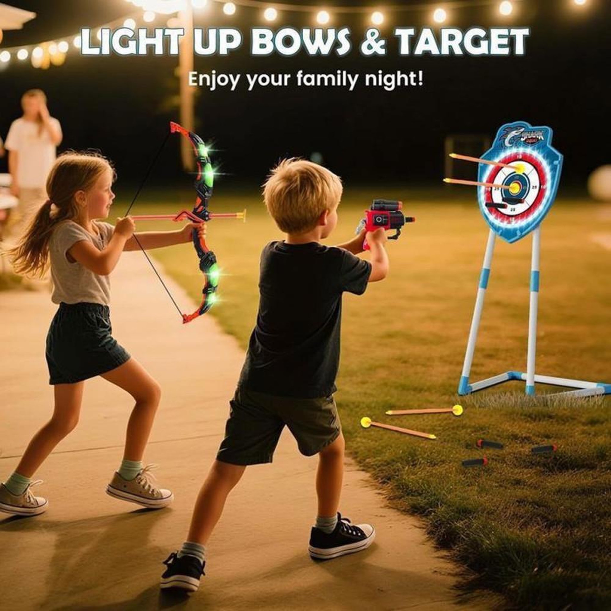 Voir la diapositive 2 : Jeu de tir à l'arc LED 2 joueurs pour enfants 5-12 : arcs lumineux, cible requin phosphorescente, flèches à ventouses et plateau de fléchettes adhésif