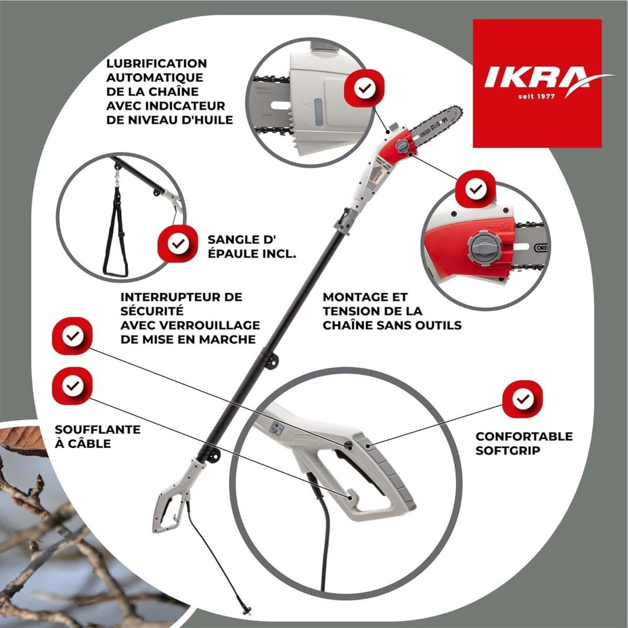Voir la diapositive 6 : Ikra Élagueuse télescopique électrique 750W Guide Chaîne OREGON Extensible jusqu'à 4m Lubrification automatique Ikra