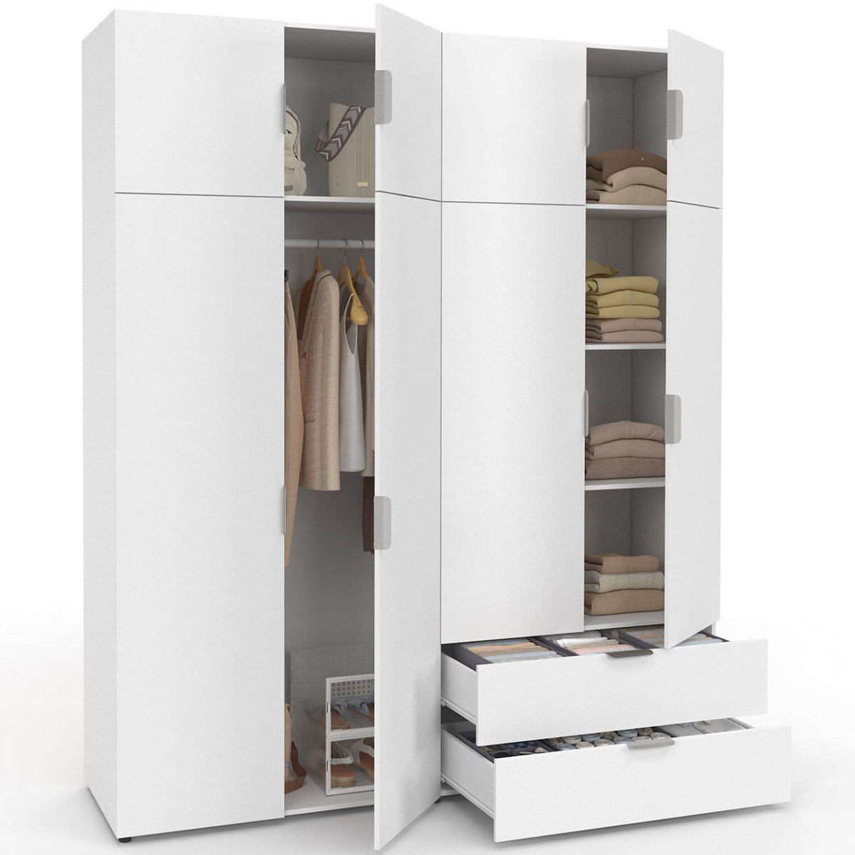 ID MARKET Armoire 4 portes MINA blanc penderie 160 cm avec 2 rangements hauts et 2 tiroirs