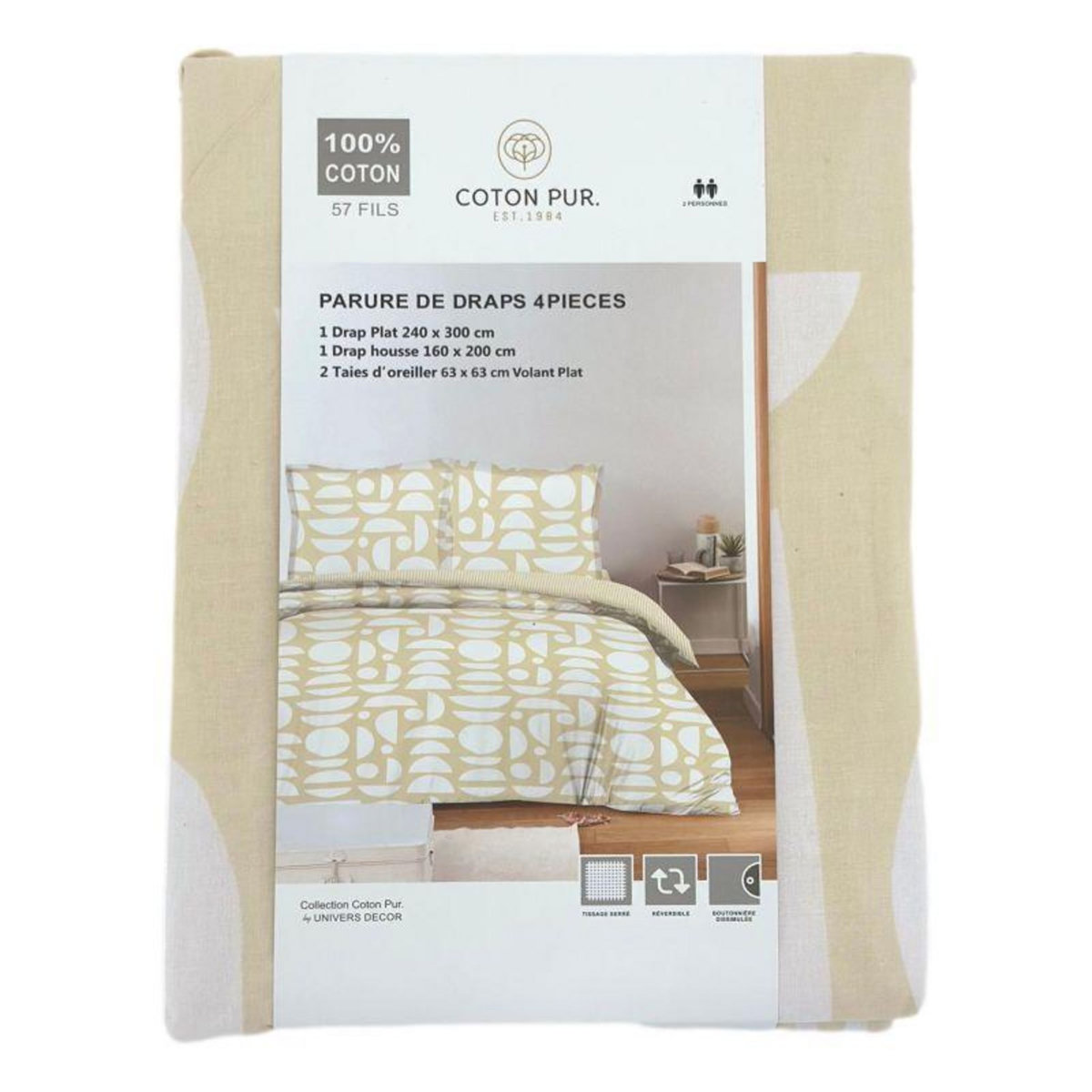 COTON PUR Parure de draps 4 pièces pour lit 160 x 200 cm  Grande largeur  Mykonos naturel