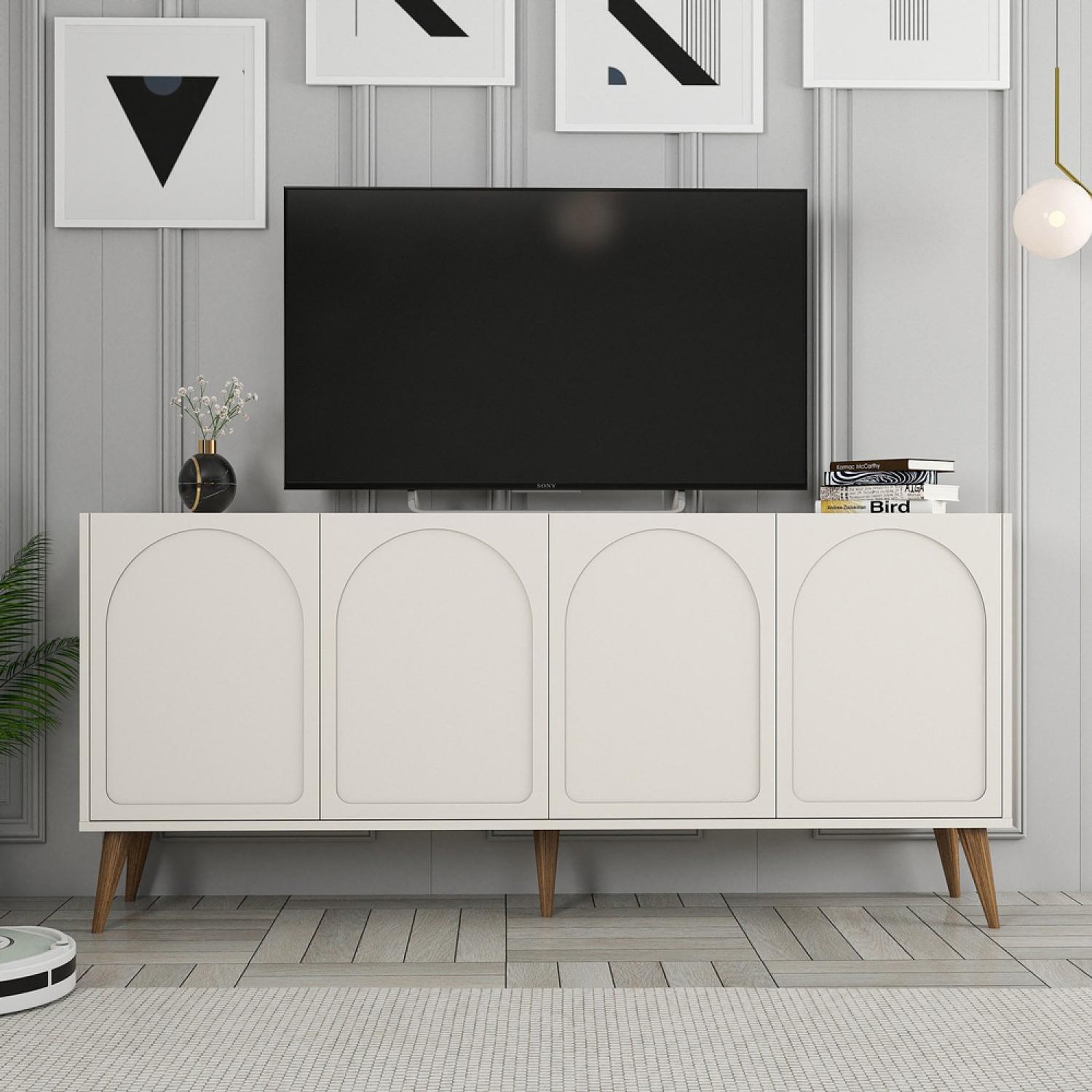 Voir la diapositive 5 : CONCEPT USINE Buffet 4 portes design arrondi crème 180x81cm lister