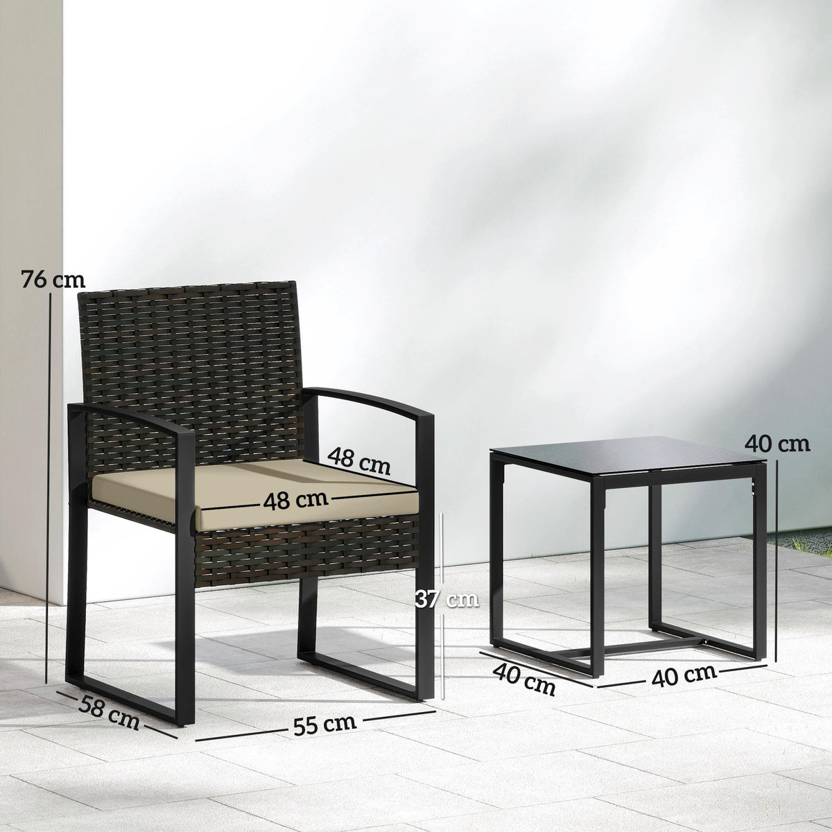 OUTSUNNY Salon de jardin 2 places 3 pièces avec coussins plateau verre trempé résine tressée 6 fils kaki