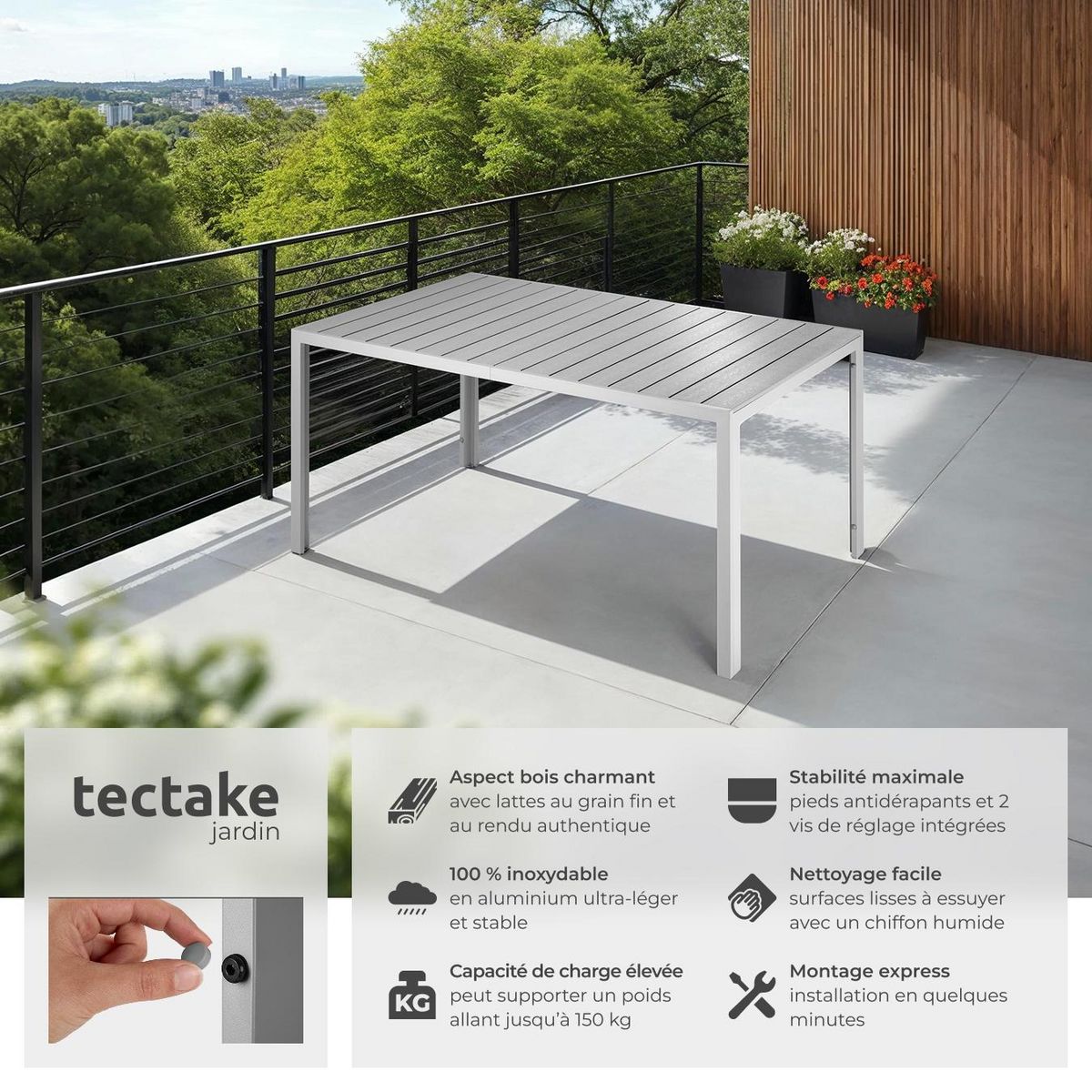 tectake Table de jardin en aluminium et plastique gris/argent