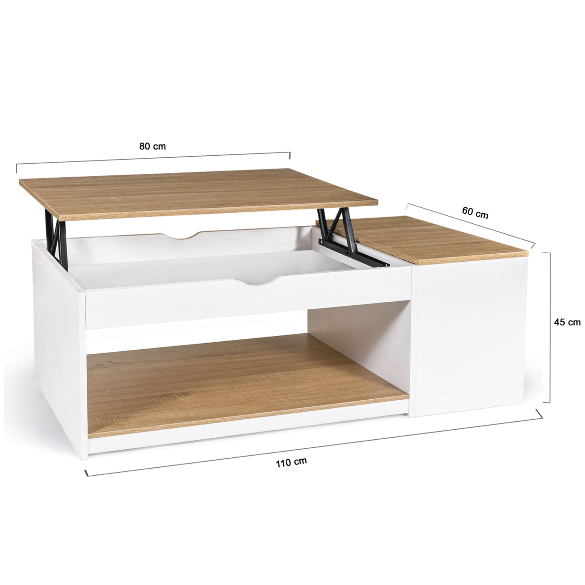 Voir la diapositive 6 : ID MARKET Table basse plateau relevable rectangulaire elea avec coffre bois blanc et façon hêtre