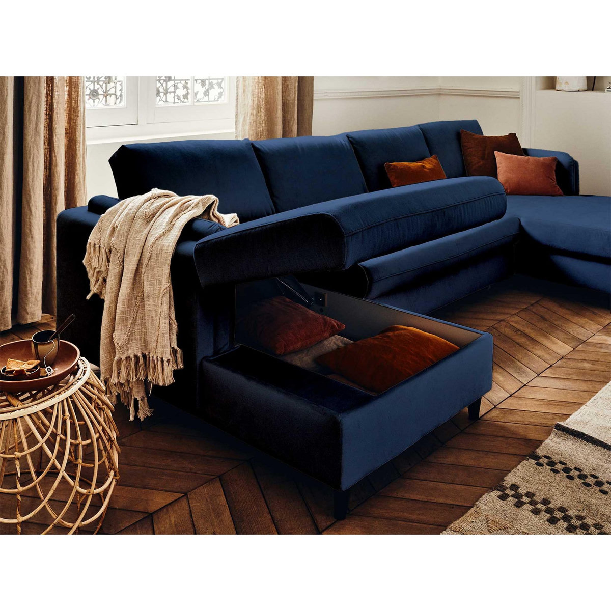 LISA DESIGN Brooke - canapé panoramique en u - 7 places - convertible avec coffre - en velours