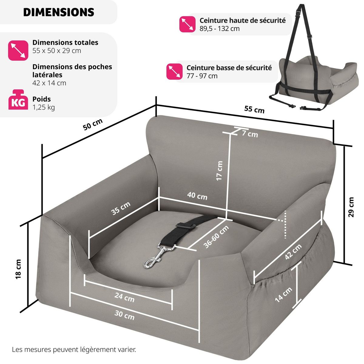 tectake Siège auto pour chien avec une laisse de sécurité et 2 sangles de fixation réglables en longueur gris