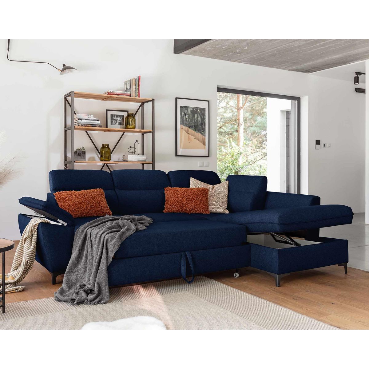 BEST MOBILIER Clever - canapé d'angle droit - 5 places - convertible avec coffre et têtières - en tissu