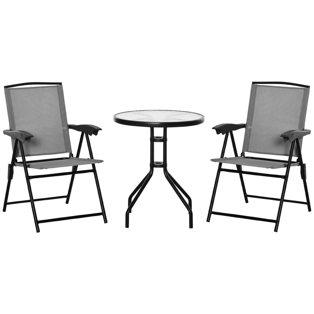 OUTSUNNY Ensemble de jardin 3 pièces 2 chaises inclinables multi-positions pliables + table ronde verre trempé métal époxy textilène gris