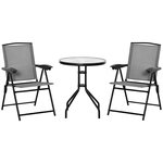 OUTSUNNY Ensemble de jardin 3 pièces 2 chaises inclinables multi-positions pliables + table ronde verre trempé métal époxy textilène gris
