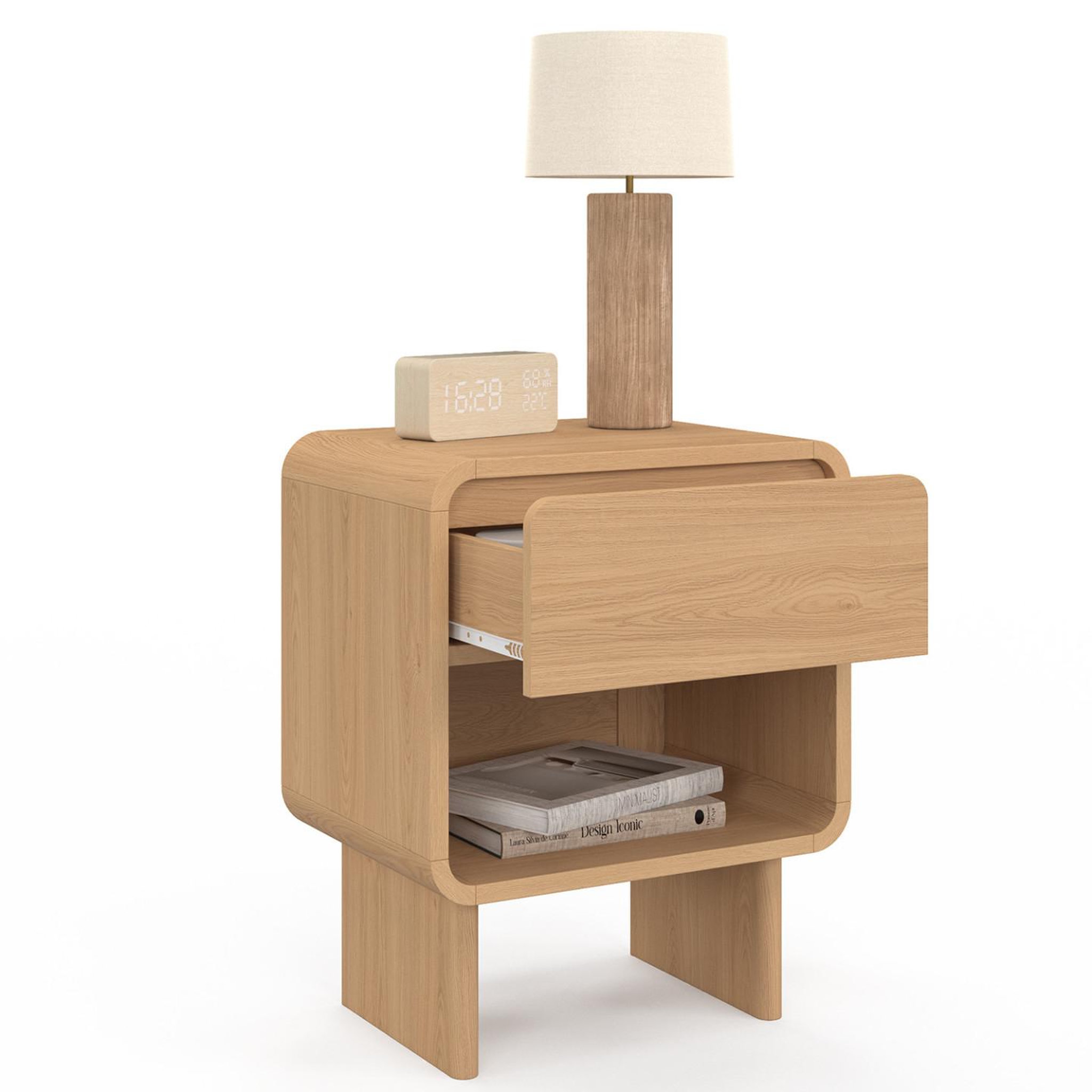 Voir la diapositive 5 : ID MARKET Lot de 2 tables de chevet capucine 1 tiroir et 1 niche façon hêtre design arrondi