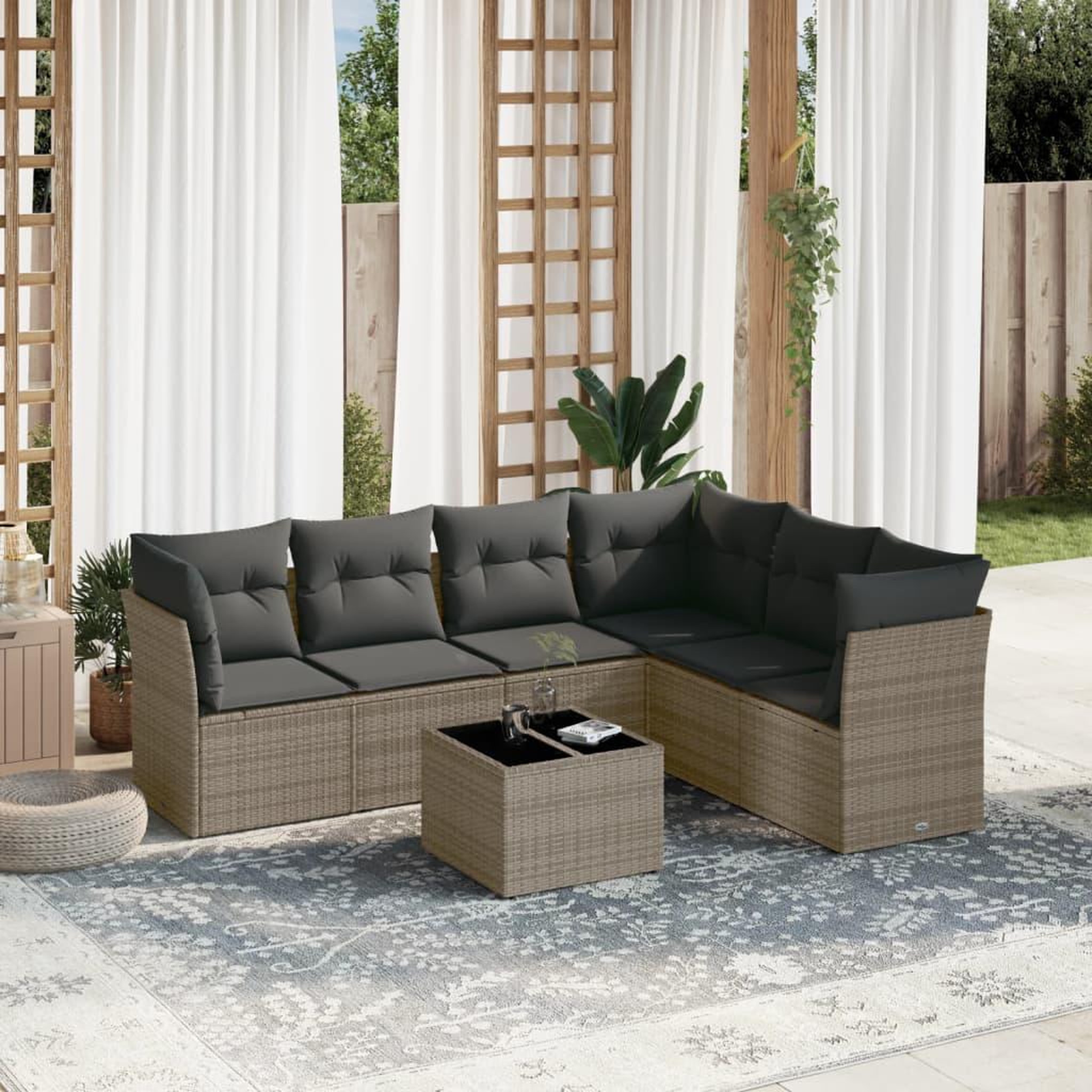 VIDAXL Salon de jardin avec coussins 7 pcs gris resine tressee