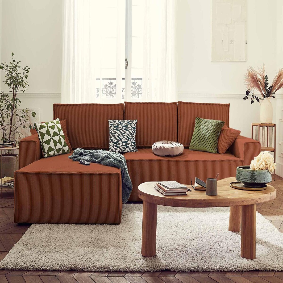 BEST MOBILIER Dellia - canapé d'angle réversible convertible - avec coffre - en velours côtelé - 4 places