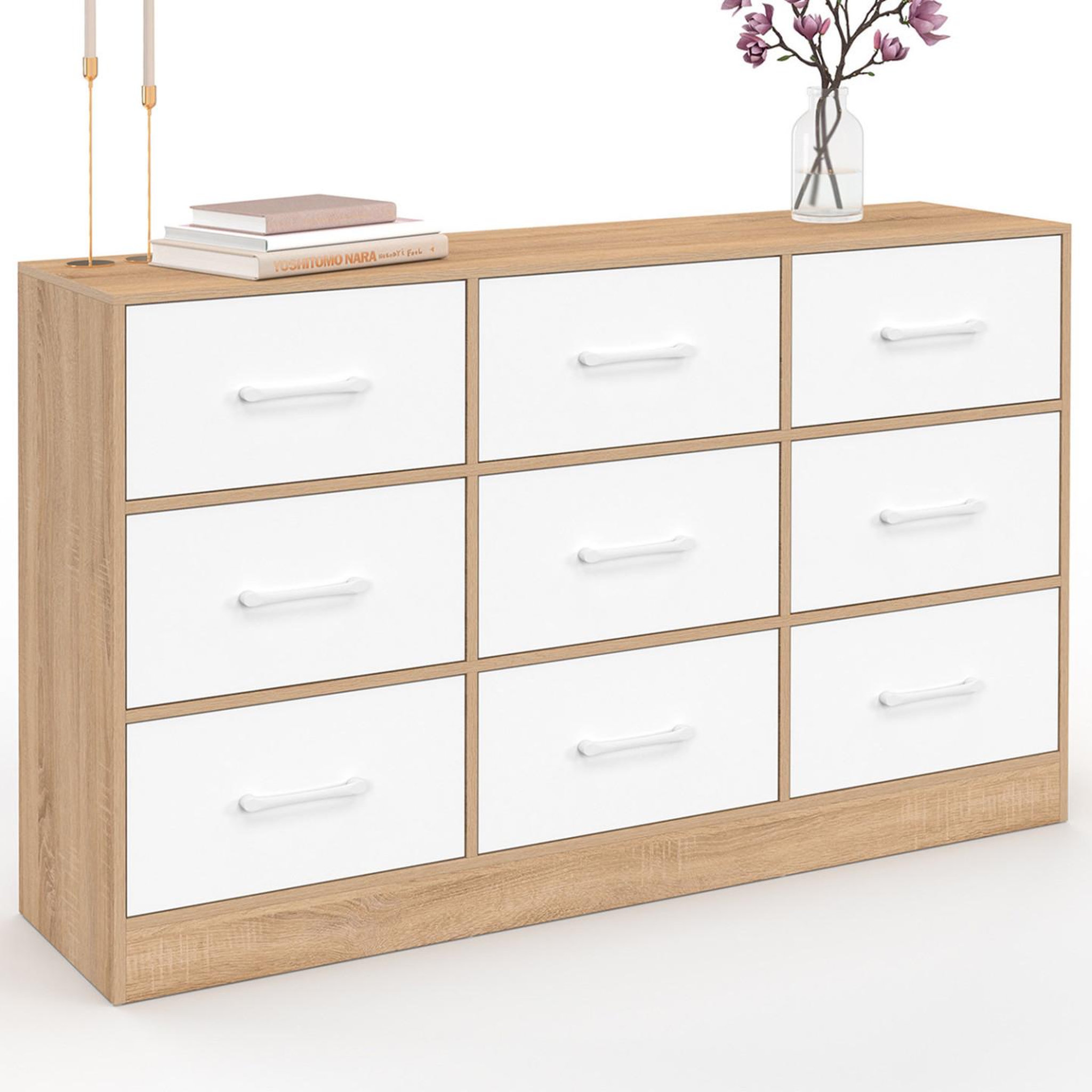 ID MARKET Commode 9 tiroirs en tissu uppah 113 cm meuble de rangement bois façon hêtre et blanc