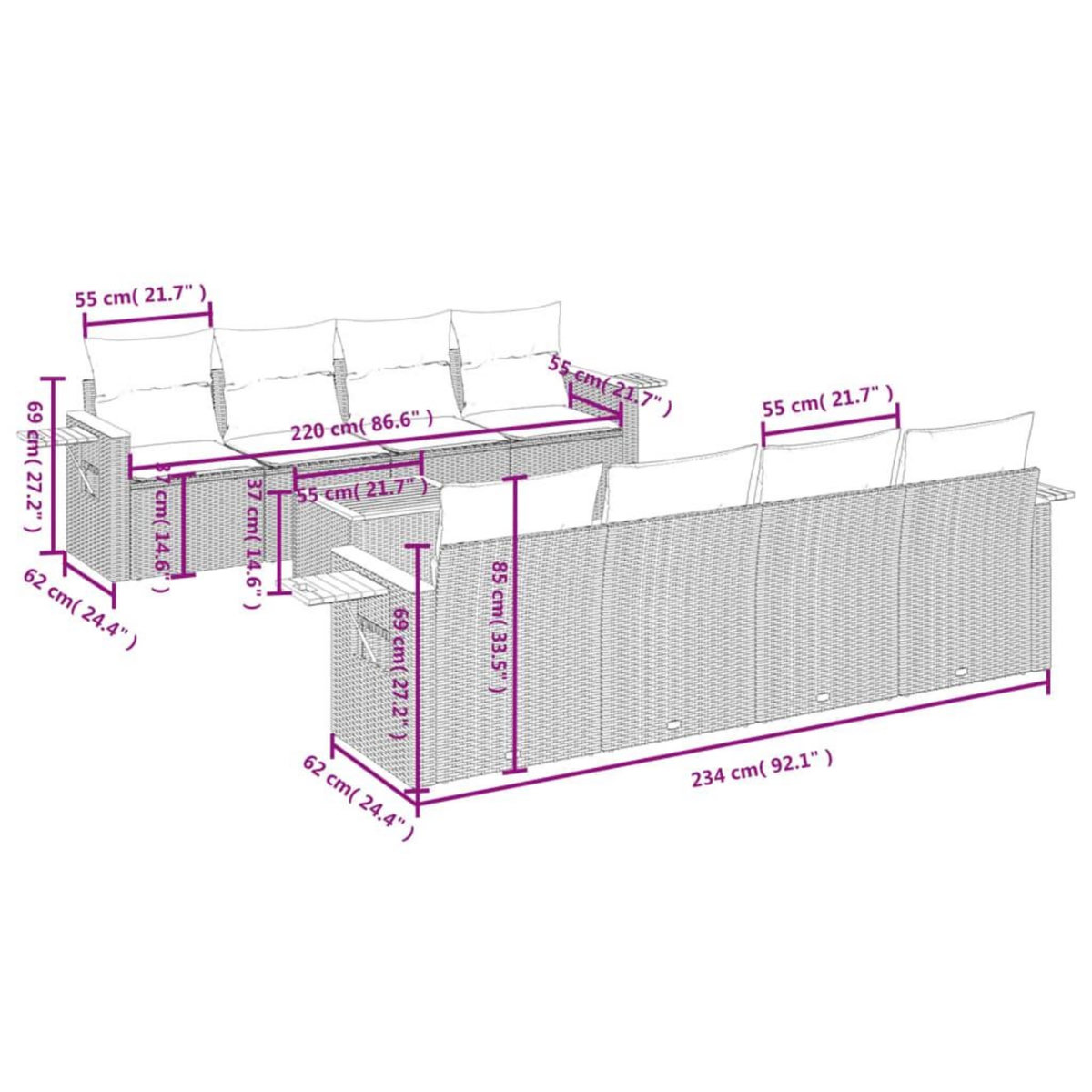VIDAXL Salon de jardin 9 pcs avec coussins gris resine tressee