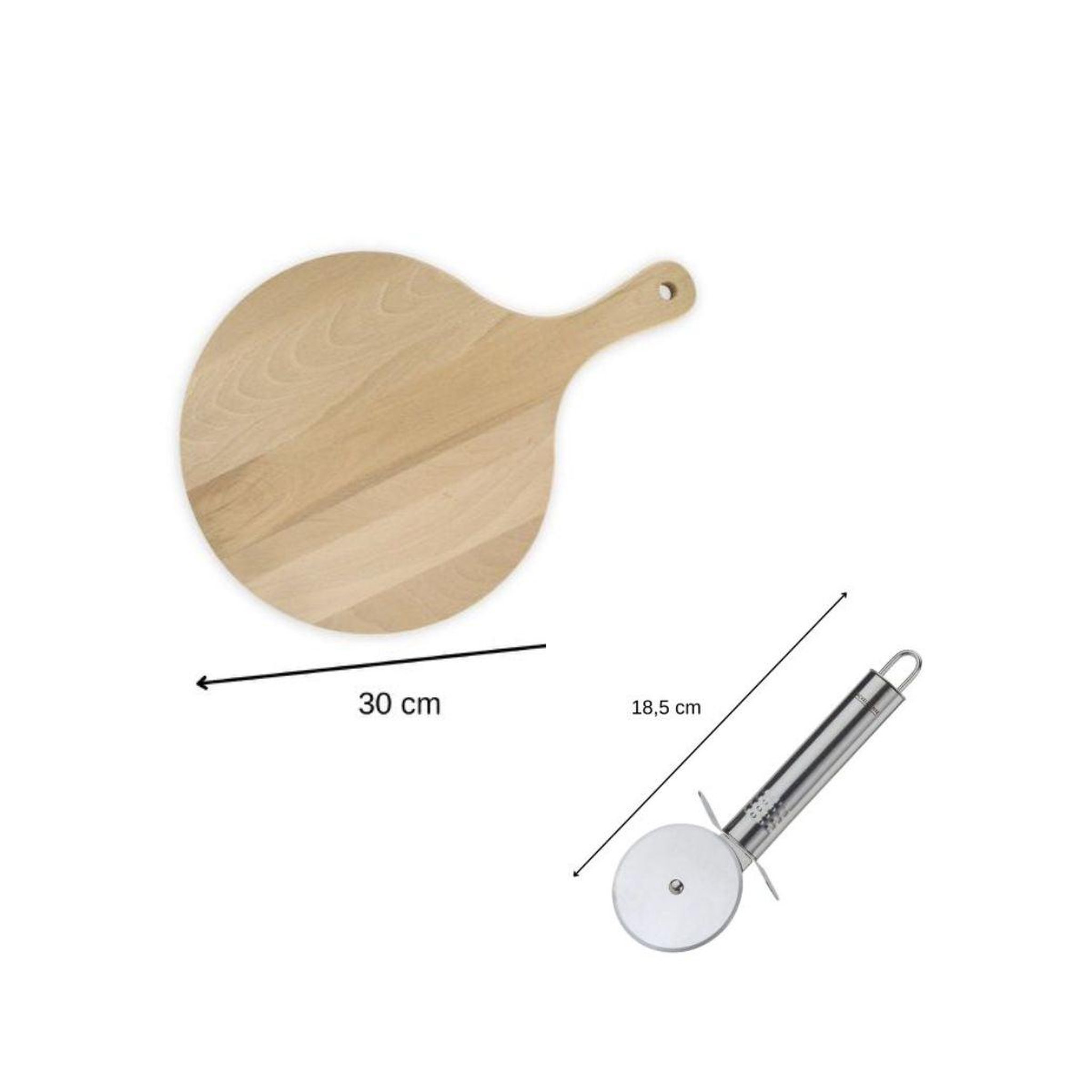 Voir la diapositive 3 : Fackelmann 2 planches à pizza et tarte flambée en bois 30 cm et roulette à pizza en inox fackelmann