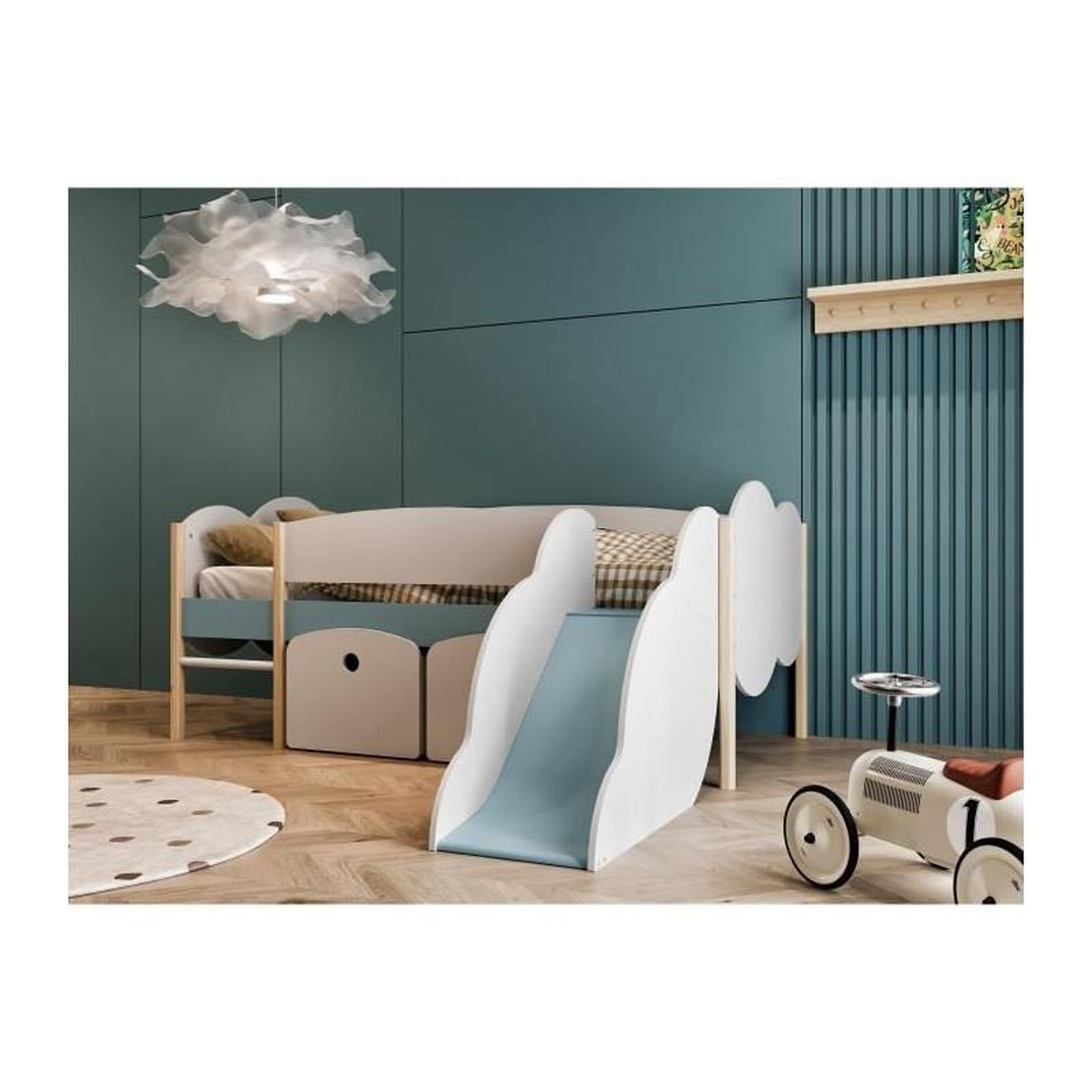 Voir la diapositive 2 : Demeyere DEMEYERE Lit toboggan - 90 x 200 cm - Sommier a lattes - 2 Tirroirs - Décor blanc et bleu orage