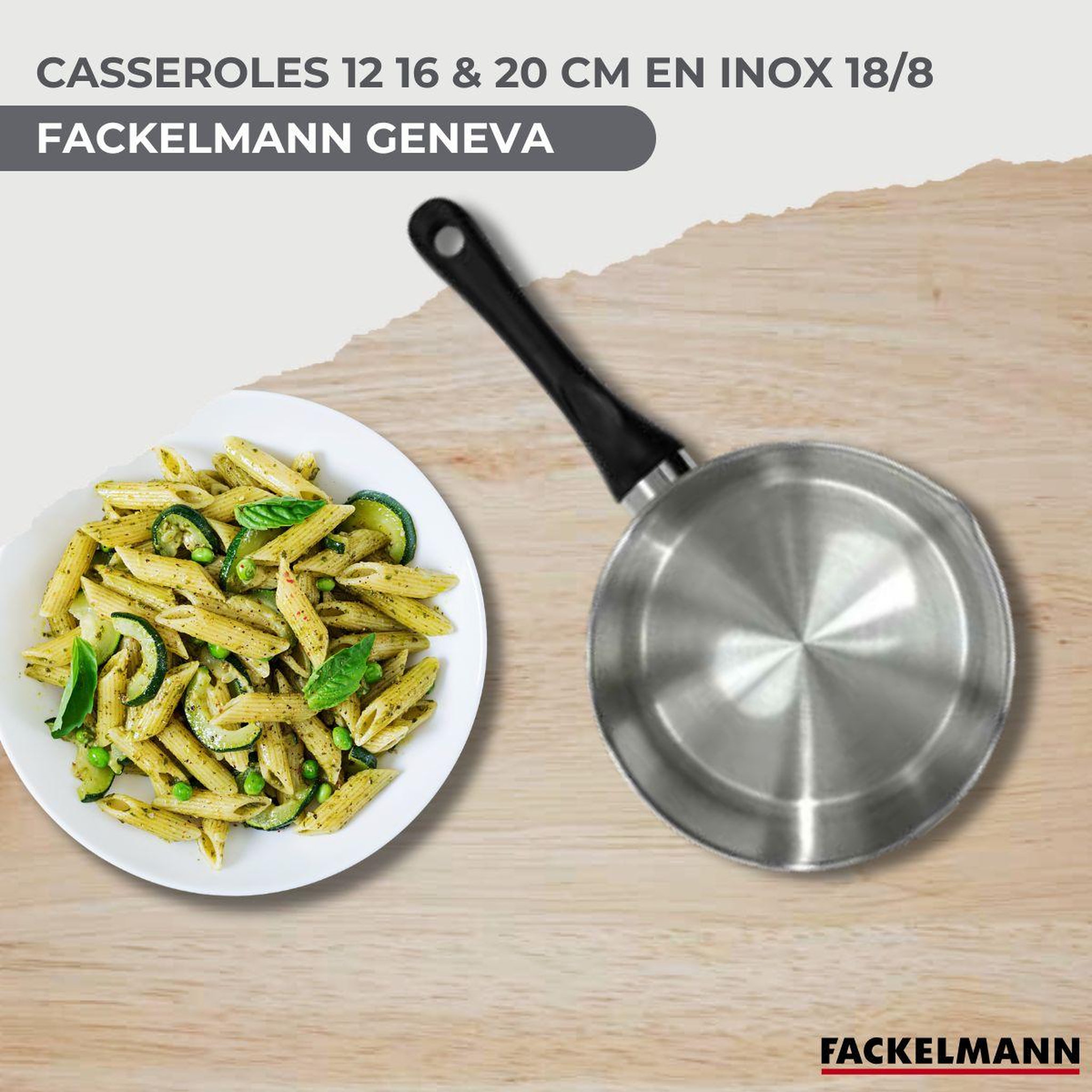 Voir la diapositive 2 : Fackelmann Batterie de cuisine avec 3 casseroles 12/16/20 cm en inox et 5 ustensiles de cuisine sans pfas fackelmann généva vario