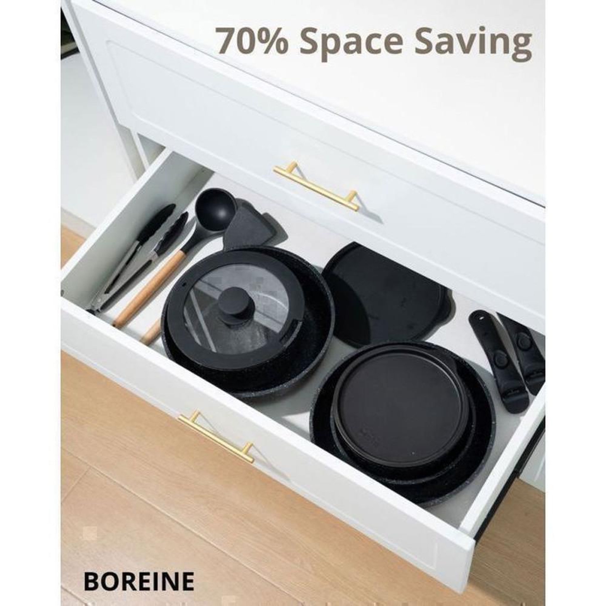 Voir la diapositive 6 : Coffret batterie de cuisine 14 pièces effet pierre noir, revêtement antiadhésif, poignées amovibles, couvercles silicone et conservation, compatible induction et four jusqu'à 250°C