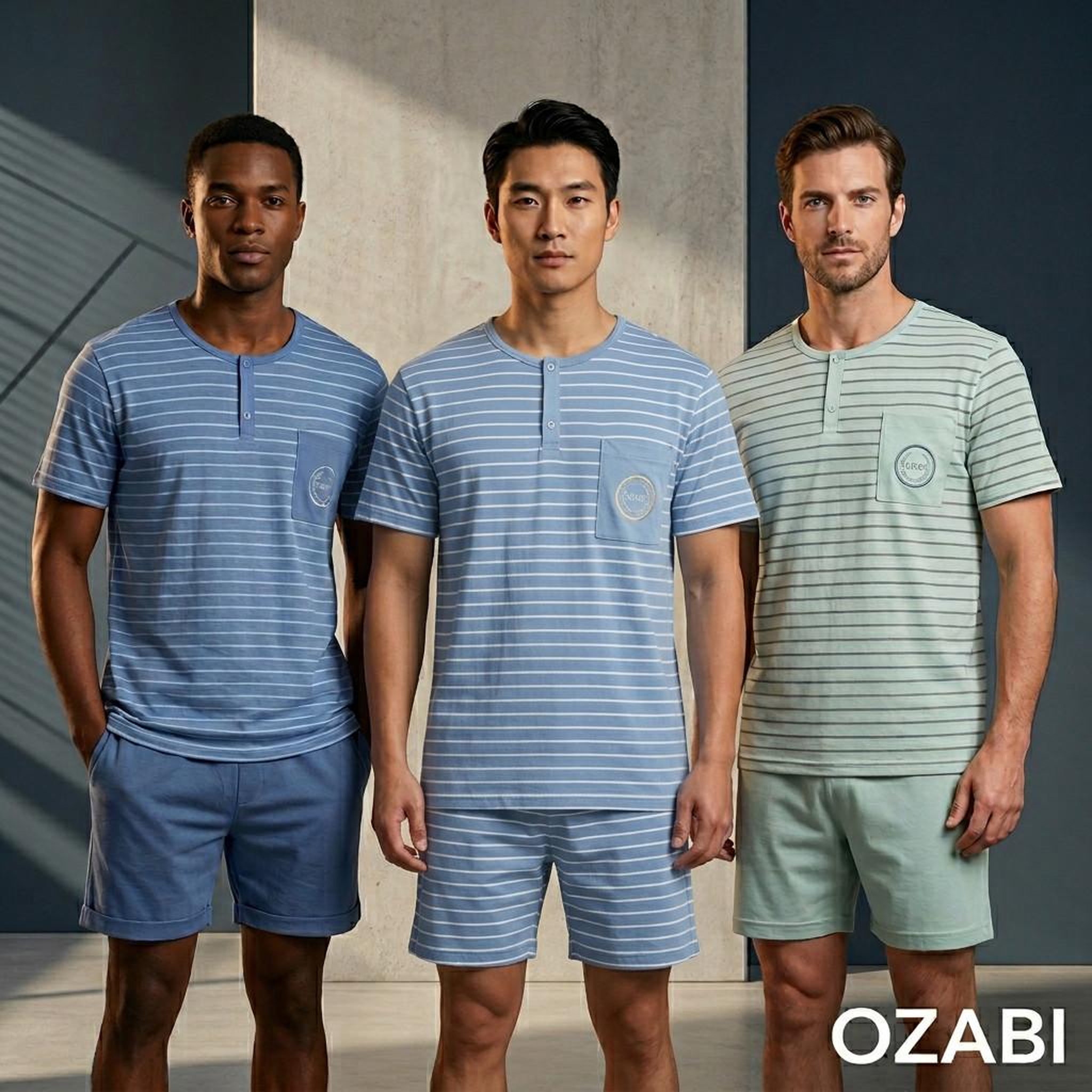 Voir la diapositive 2 : OZABI OZABI Pack 3 Pyjamas Courts Homme Coton Majoritaire, Col Bouton