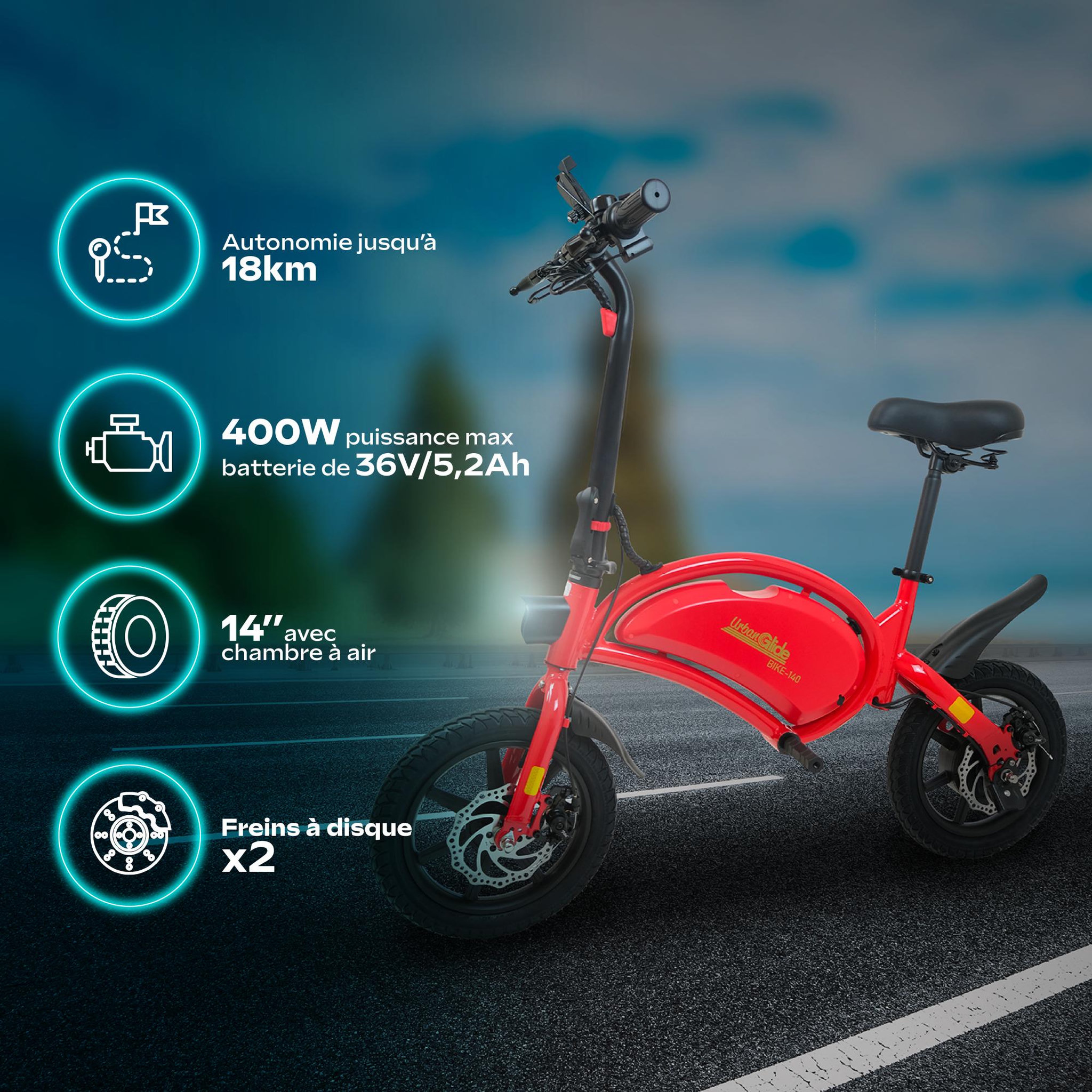 Voir la diapositive 6 : URBANGLIDE Draisienne électrique adulte e-bike 140 - autonomie jusqu'a 18 km - pneu 14  gonflable - batterie 42v/5.2ah - poids 15kg