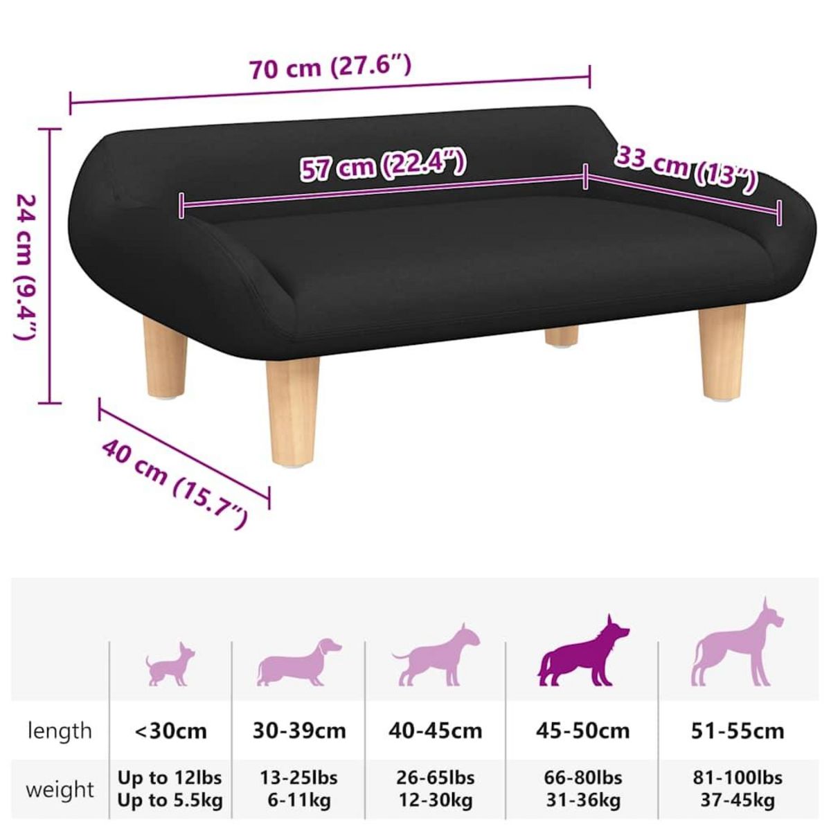 VIDAXL Lit pour chien noir 70x40x24 cm tissu
