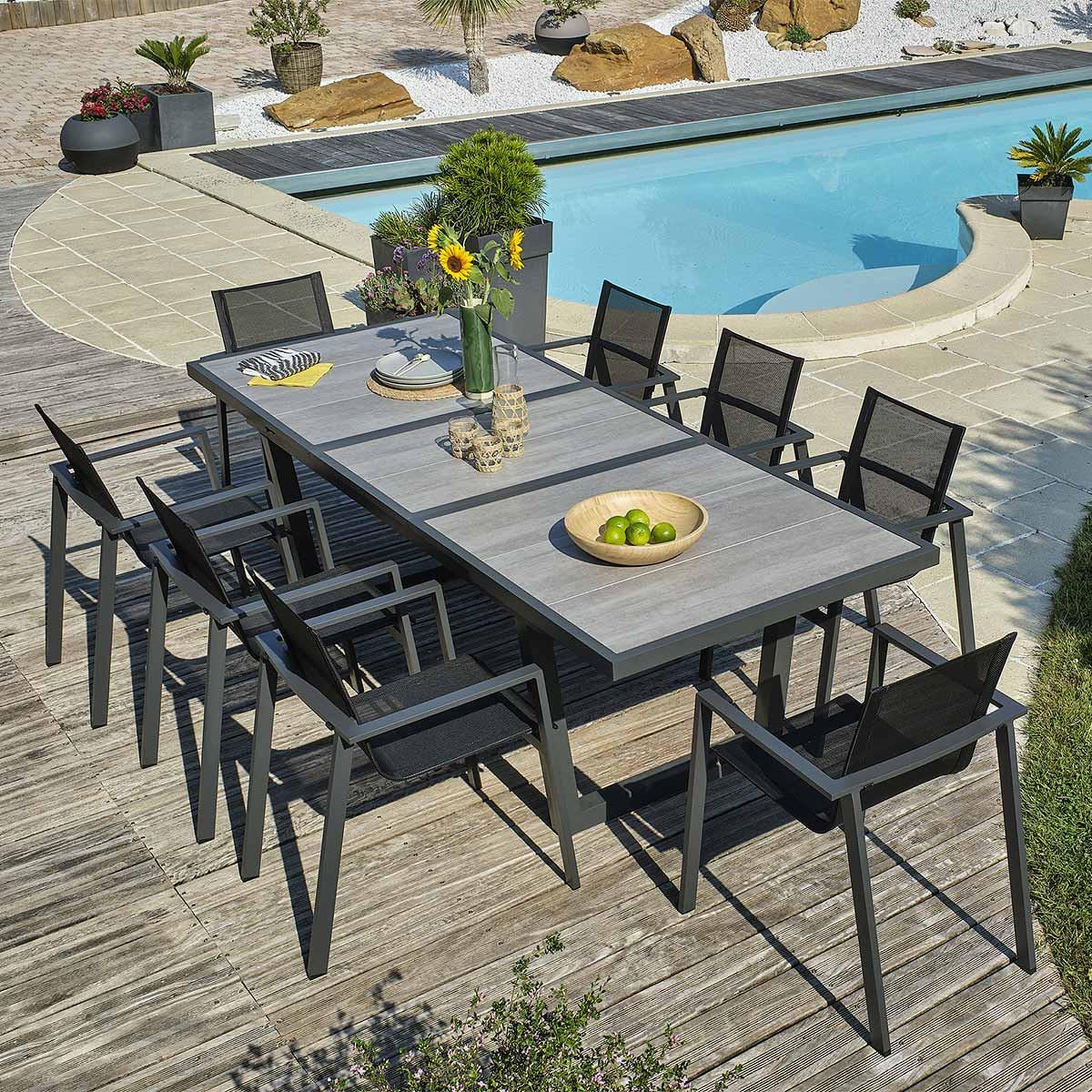 Voir la diapositive 3 : DCB GARDEN Ensemble Table de jardin Extensible en Céramique & 8 Fauteuils  Olhos  191-251cm Gris Anthracite
