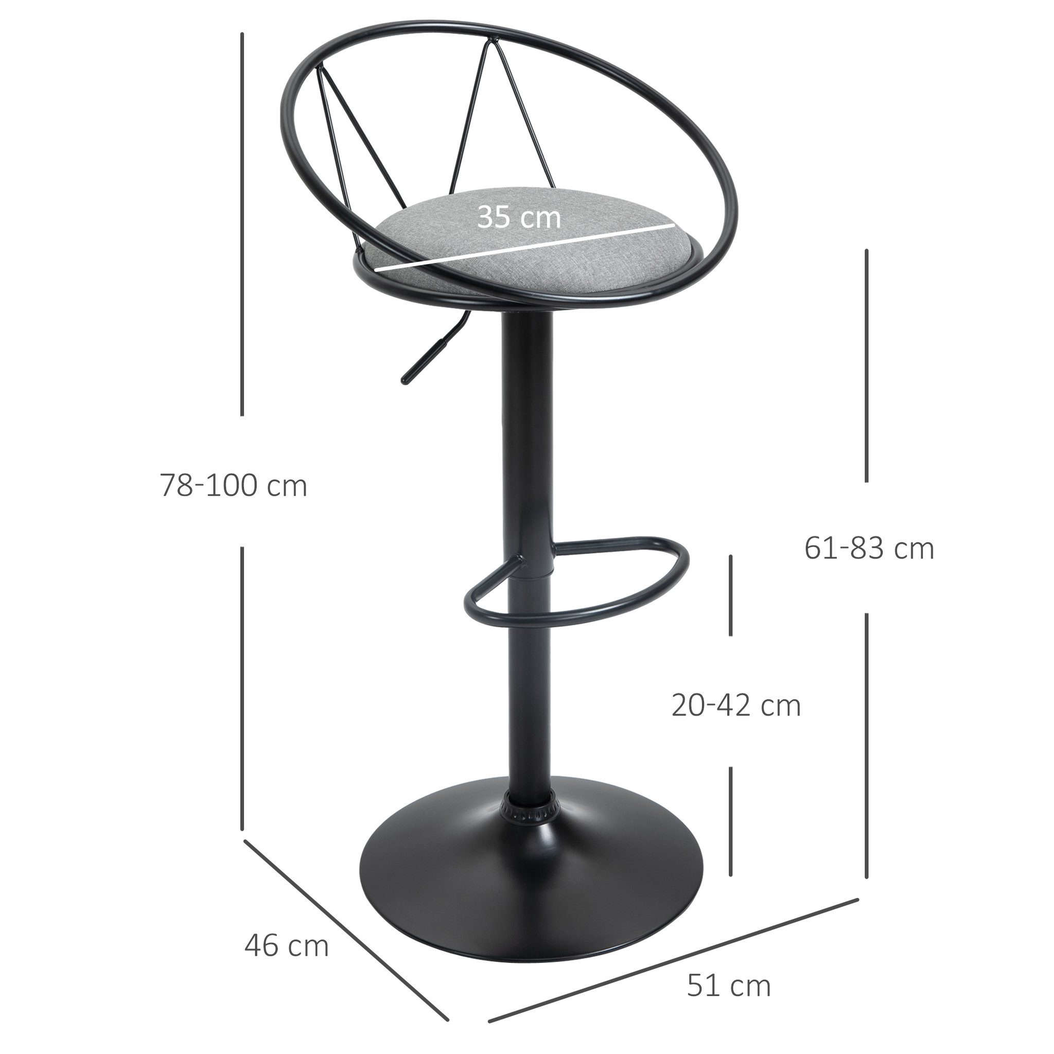 Voir la diapositive 3 : HOMCOM Lot de 2 tabourets de bar design néo-rétro réglable pivotant avec repose-pied métal noir lin gris