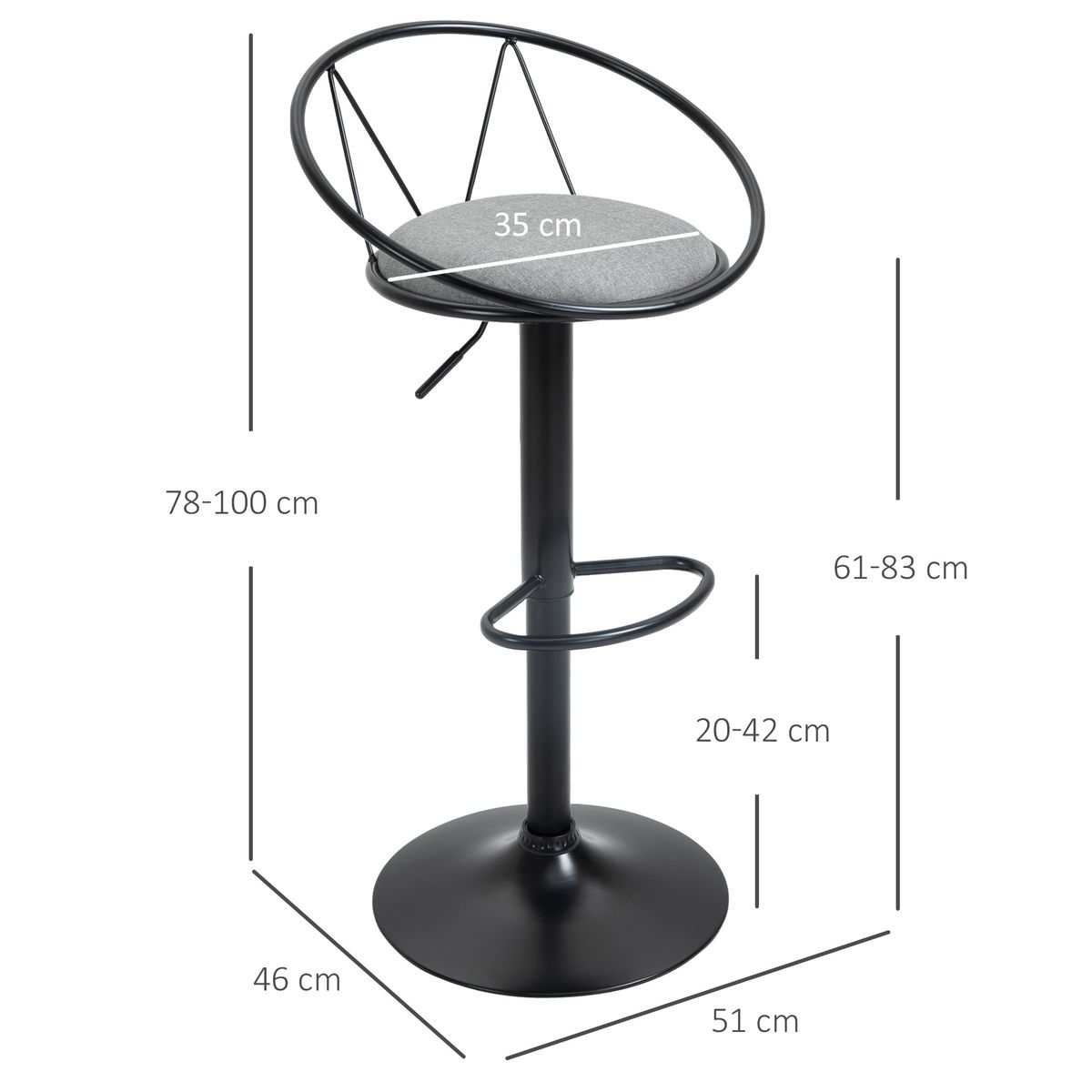 HOMCOM Lot de 2 tabourets de bar design néo-rétro réglable pivotant avec repose-pied métal noir lin gris