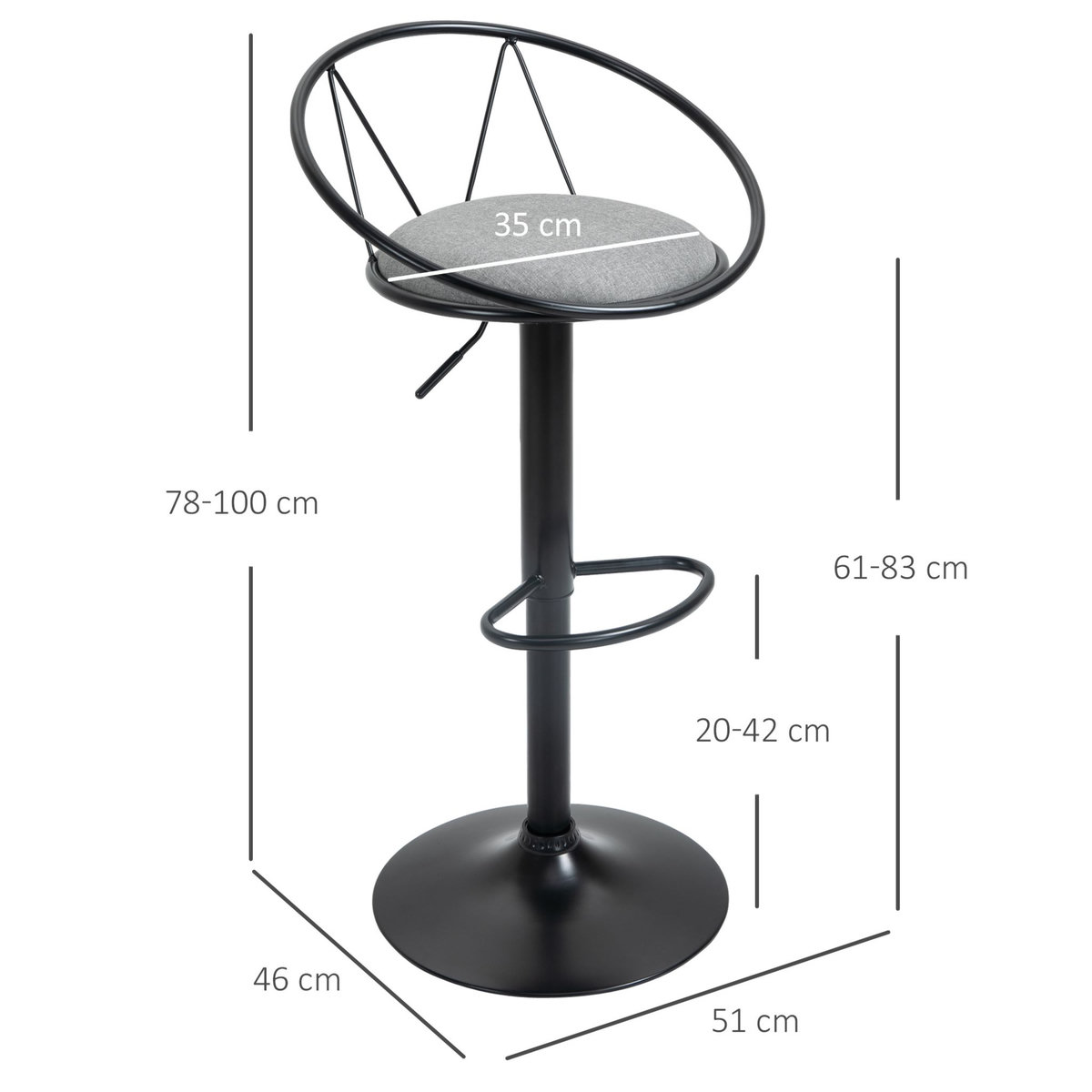 HOMCOM Lot de 2 tabourets de bar design néo-rétro réglable pivotant avec repose-pied métal noir lin gris