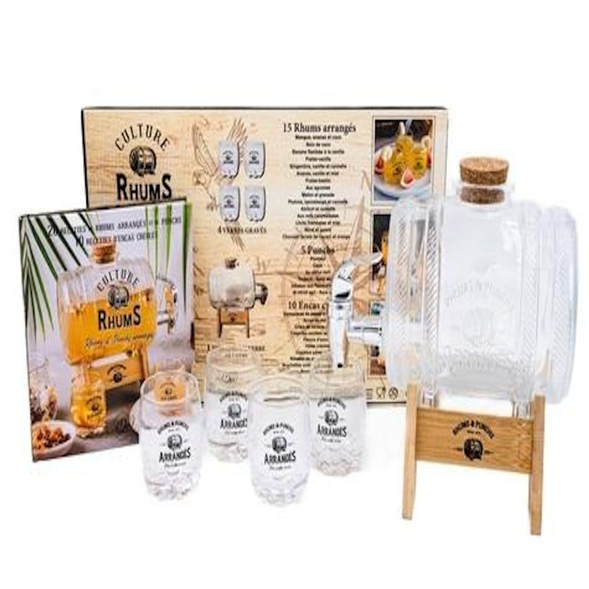 CULTURE RHUMS. AVEC 1 TONNEAU EN VERRE DE 1 LITRE, 4 VERRES GRAVES, 1 LIVRE DE RECETTES, Degages Aurelie