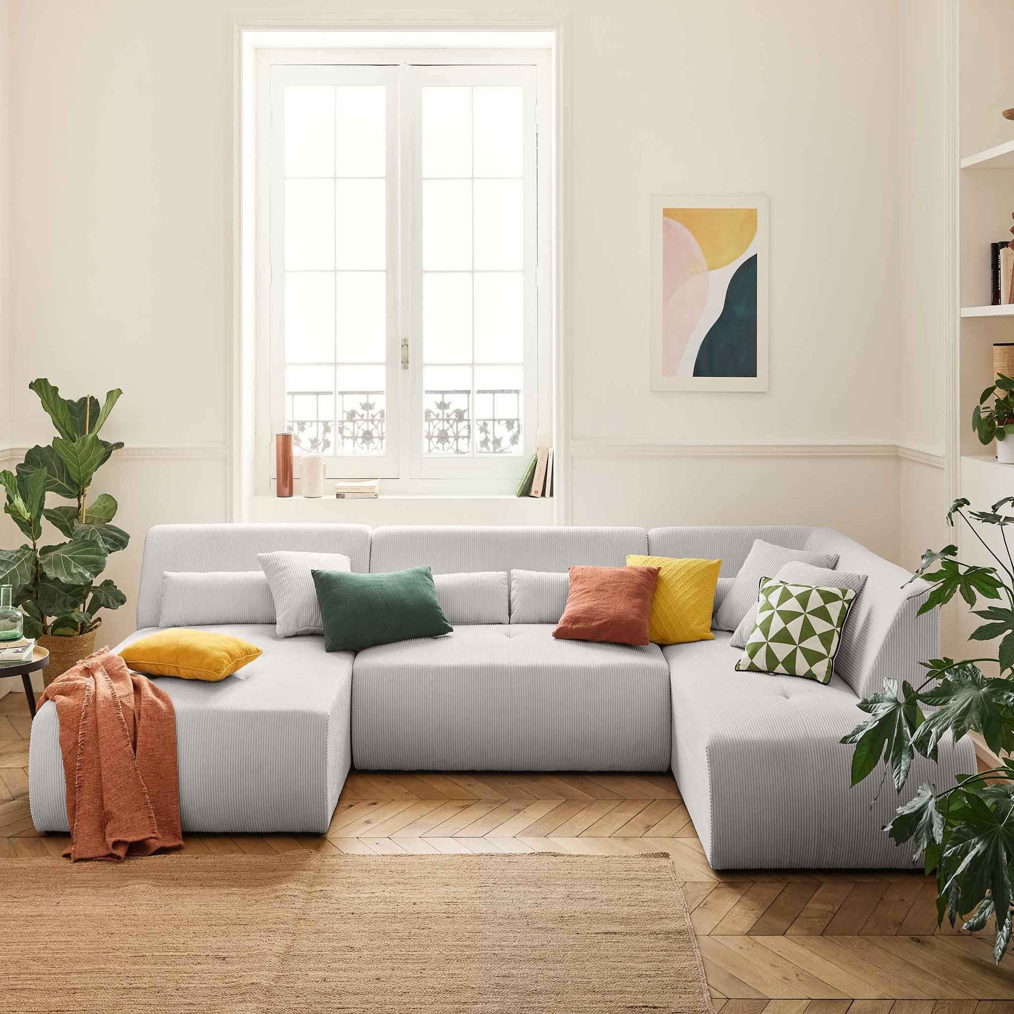 LISA DESIGN Onyx - canapé panoramique d'angle droit 7 places - en velours côtelé. Coloris disponibles : Orange, Beige, Noir, Vert, Bleu, Jaune, Gris