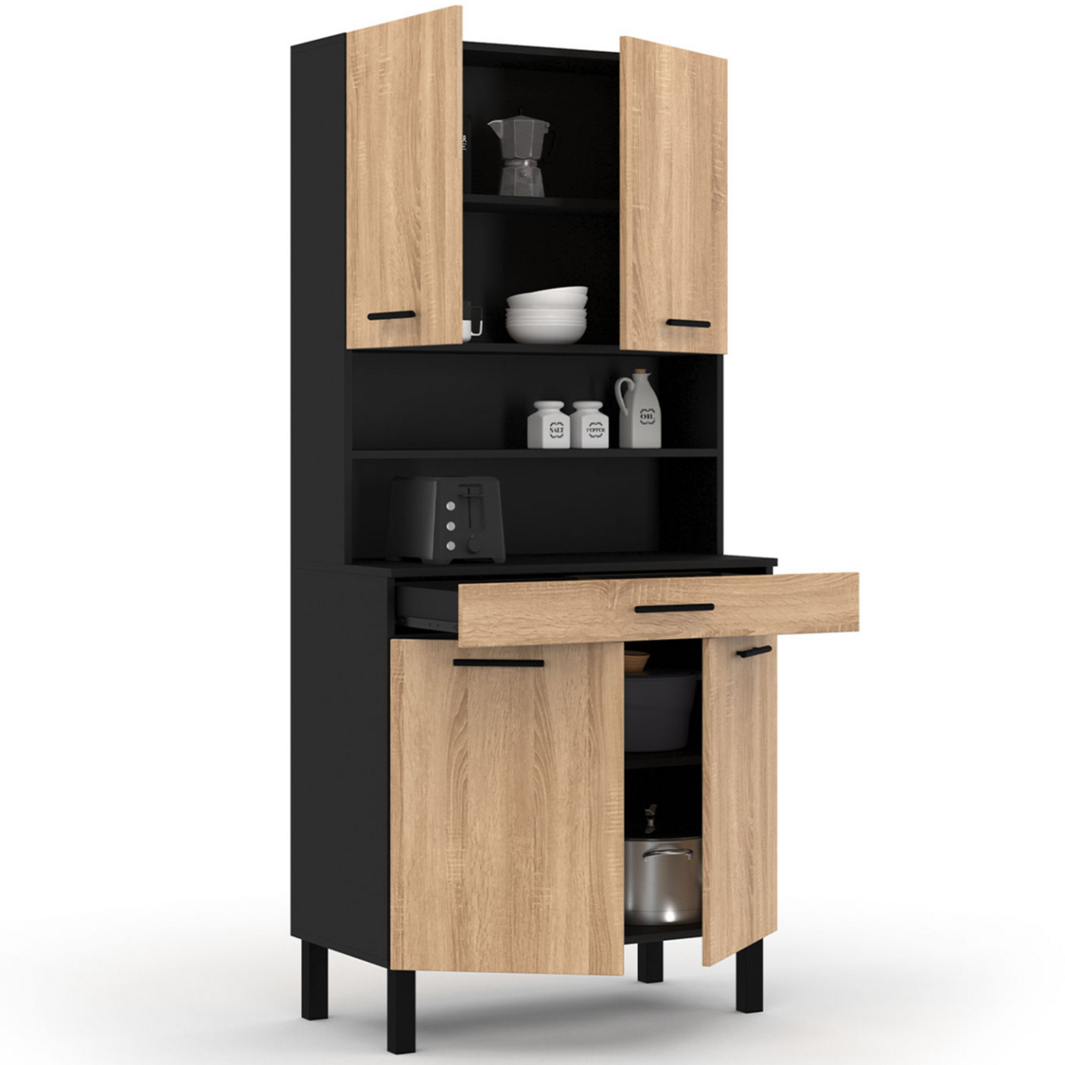ID MARKET Buffet de cuisine 80 CM CINA 4 portes + tiroir noir et façon hêtre