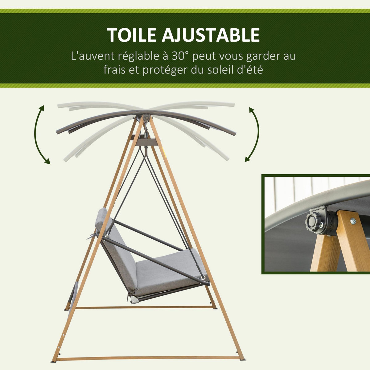 OUTSUNNY Balancelle de jardin 3 places design contemporain auvent réglable textilène polyester gris acier aspect bois