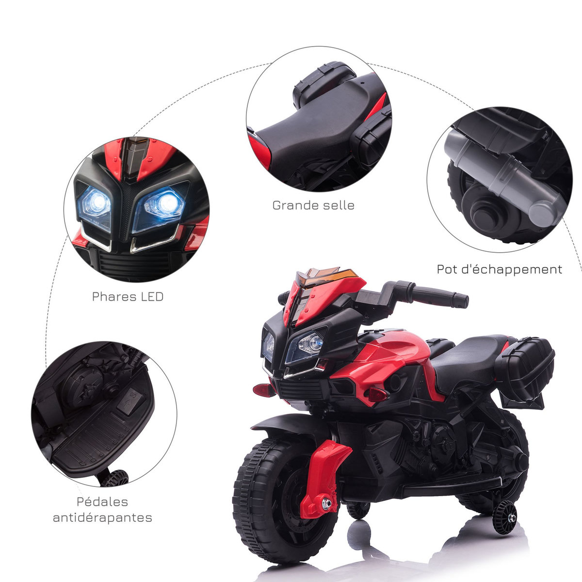 HOMCOM Moto électrique enfant 6 V 3 Km/h effet lumineux et sonore roulettes amovibles repose-pied valises latérales métal PP rouge noir