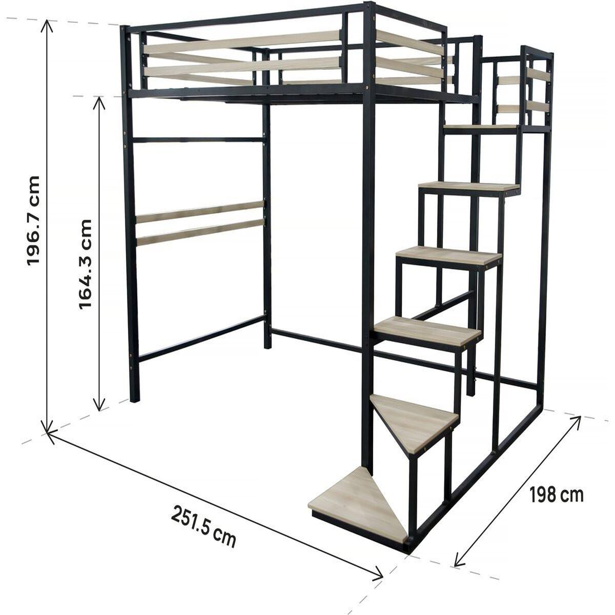 Voir la diapositive 3 : Habitat et Jardin Lit mezzanine en métal avec escalier  LENA  - 140 x 190 cm - Noir