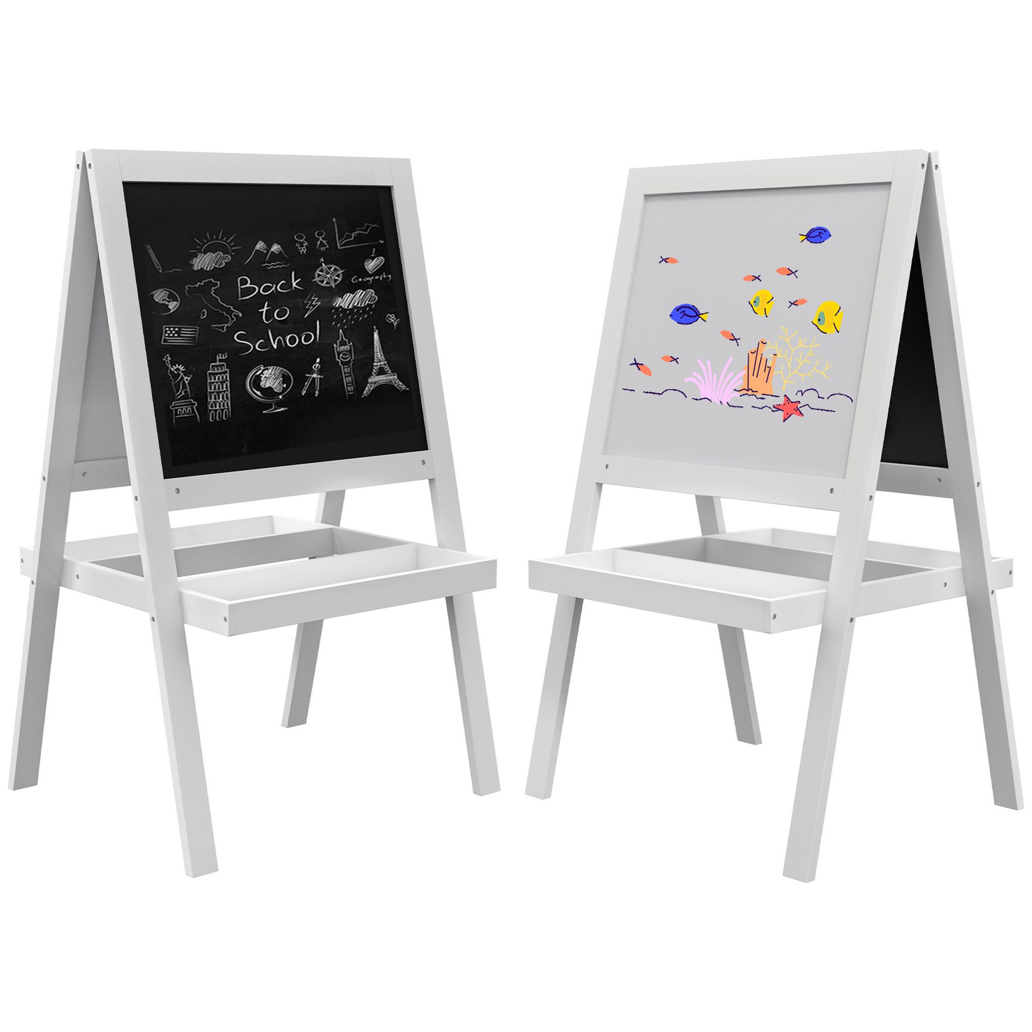 Voir la diapositive 1 : HOMCOM Tableau enfant double face - chevalet enfant - tableau blanc magnétique, tableau noir à craie - 2 paniers rangements - MDF blanc